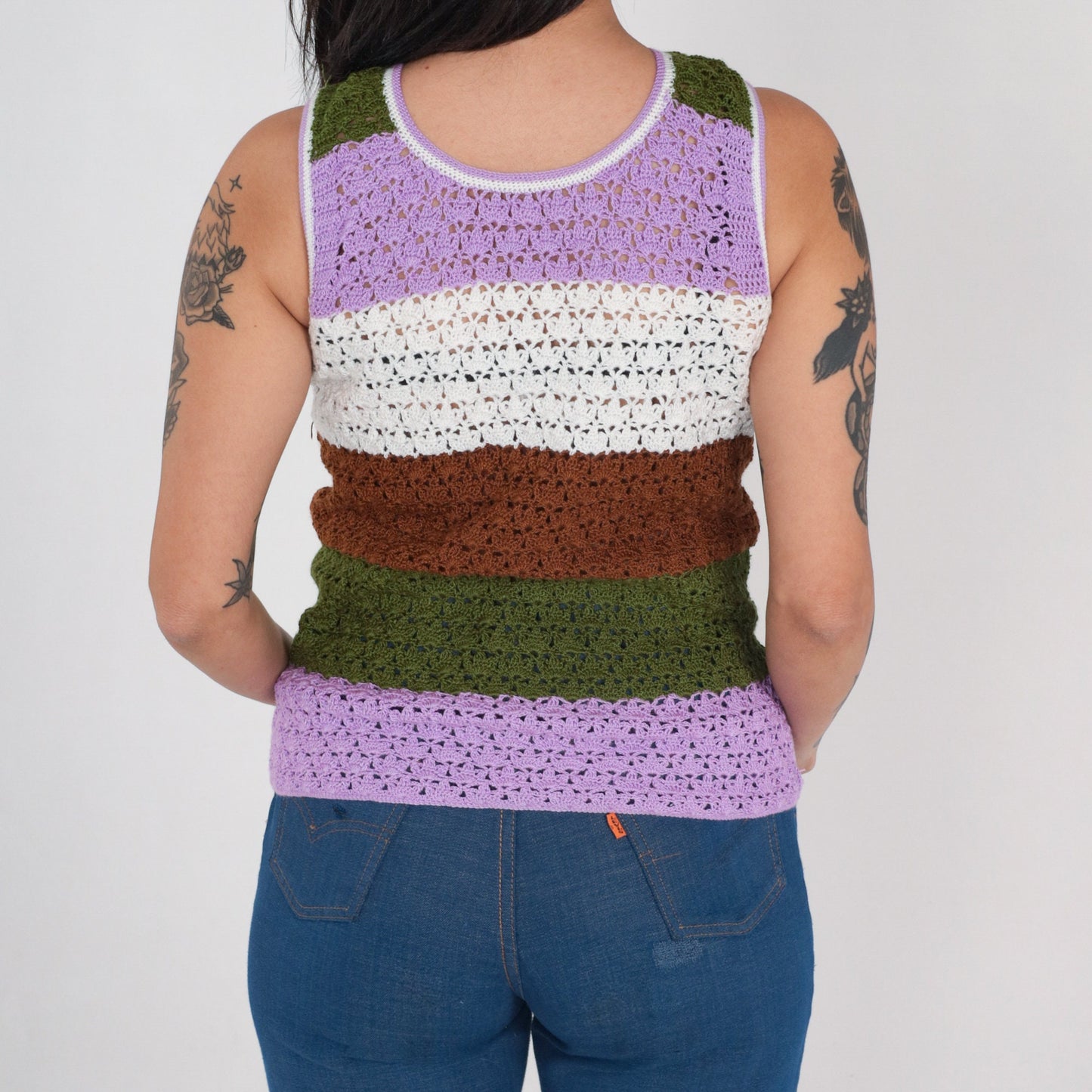 70s Striped Crochet Tank Top Multicolor Knit Sleeveless Small