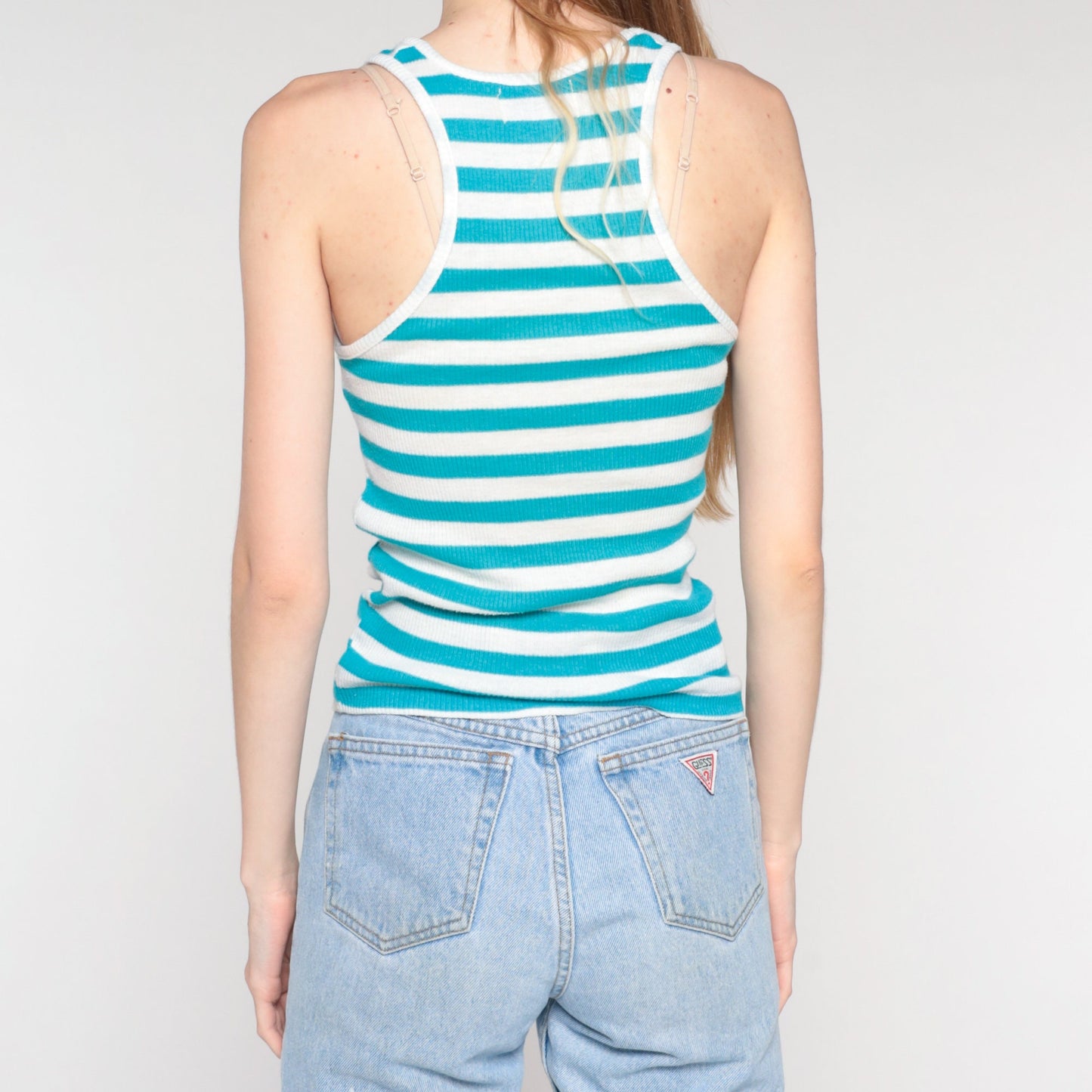 90s Blue White Striped Ribbed Tank Top Racerback XS