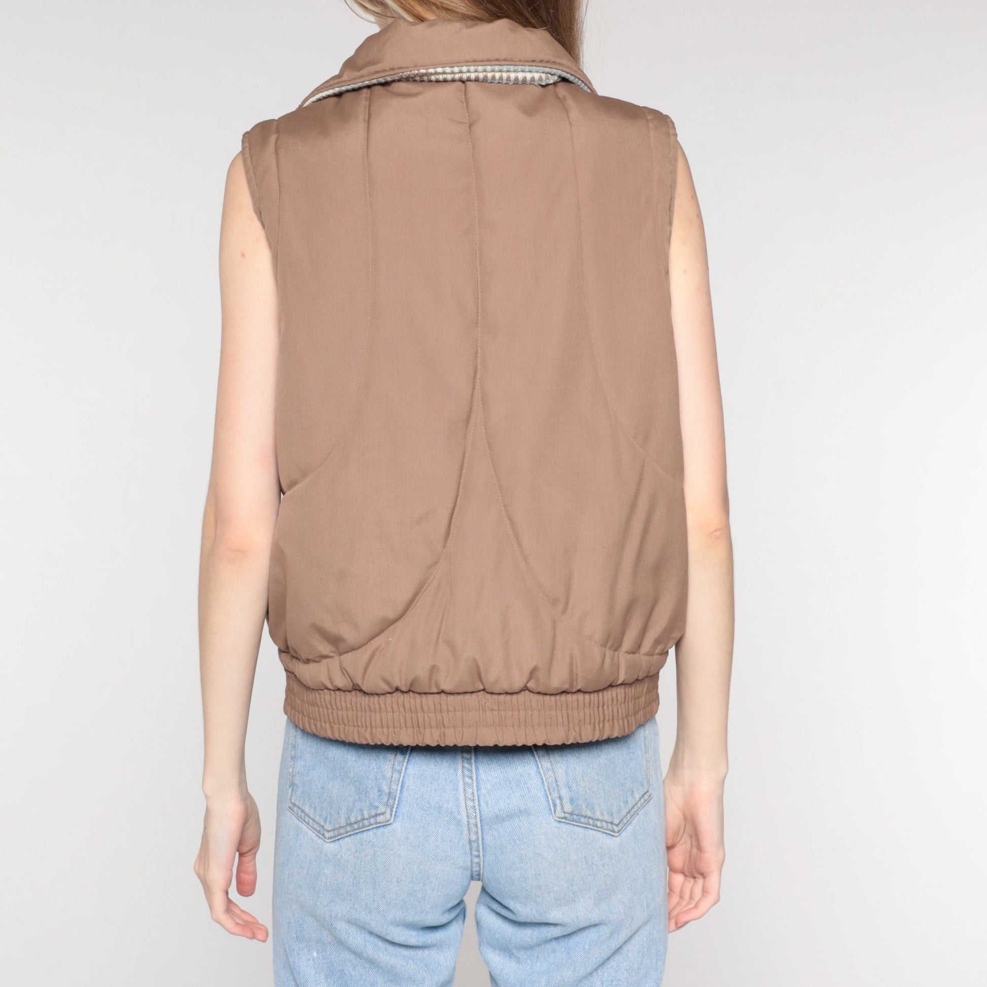 80s Brown Quilted Puffer Vest Zip Knit Collar Sleeveless Medium