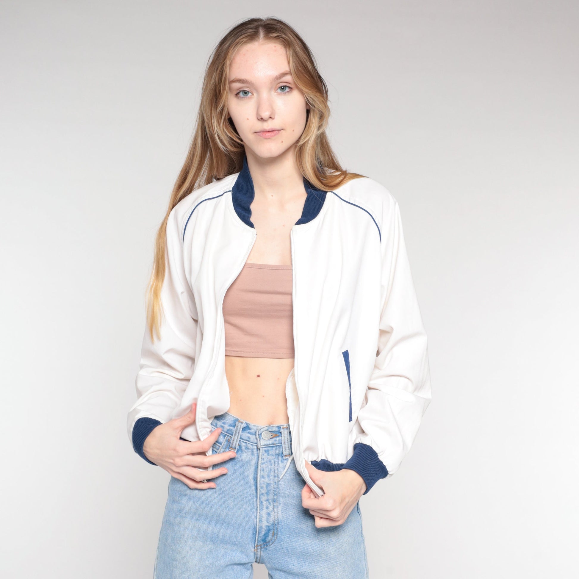 80s White Bomber Jacket Blue Trim Windbreaker Zip Front Large L