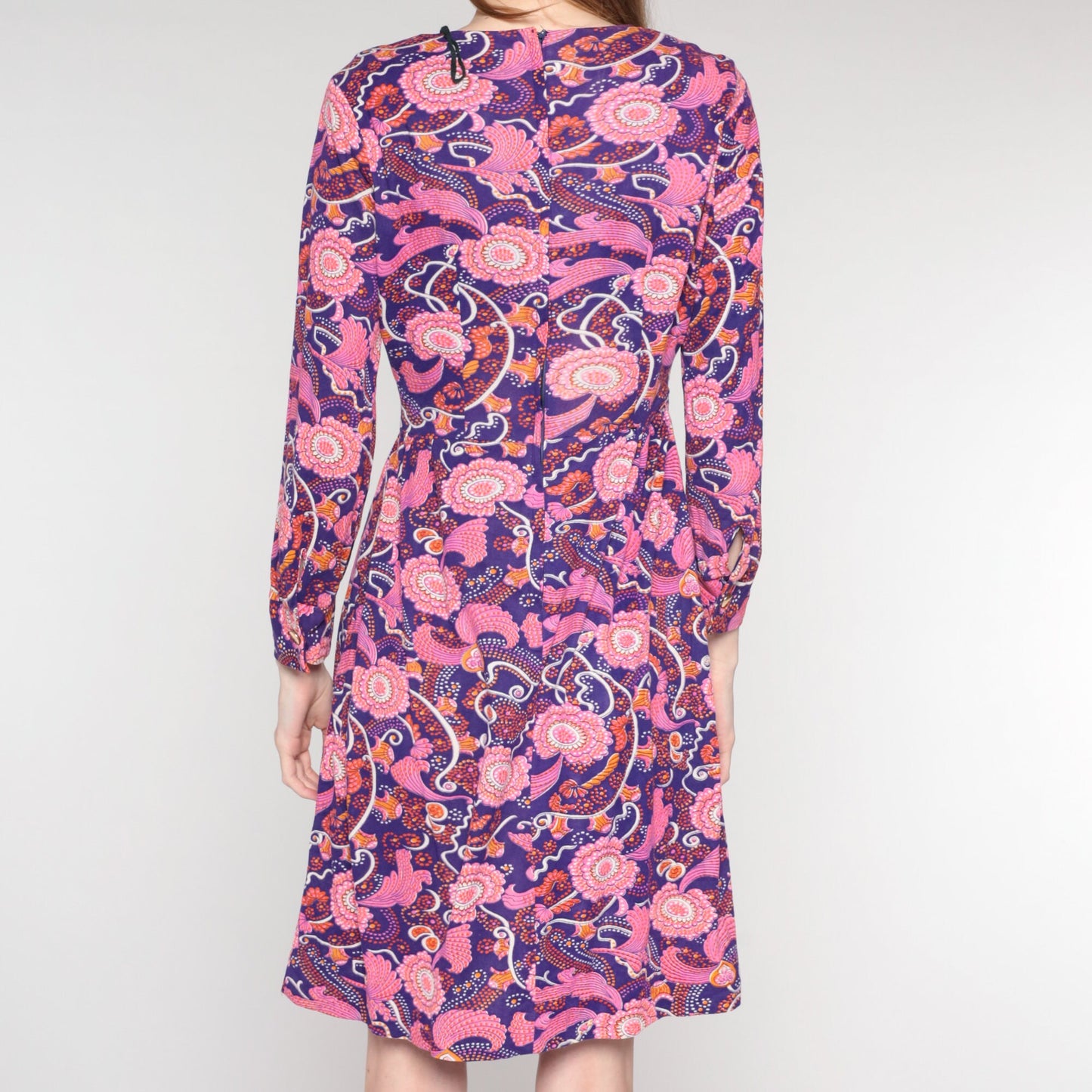70s Purple Pink Floral Mini Dress Long Sleeve V-Neck Small S