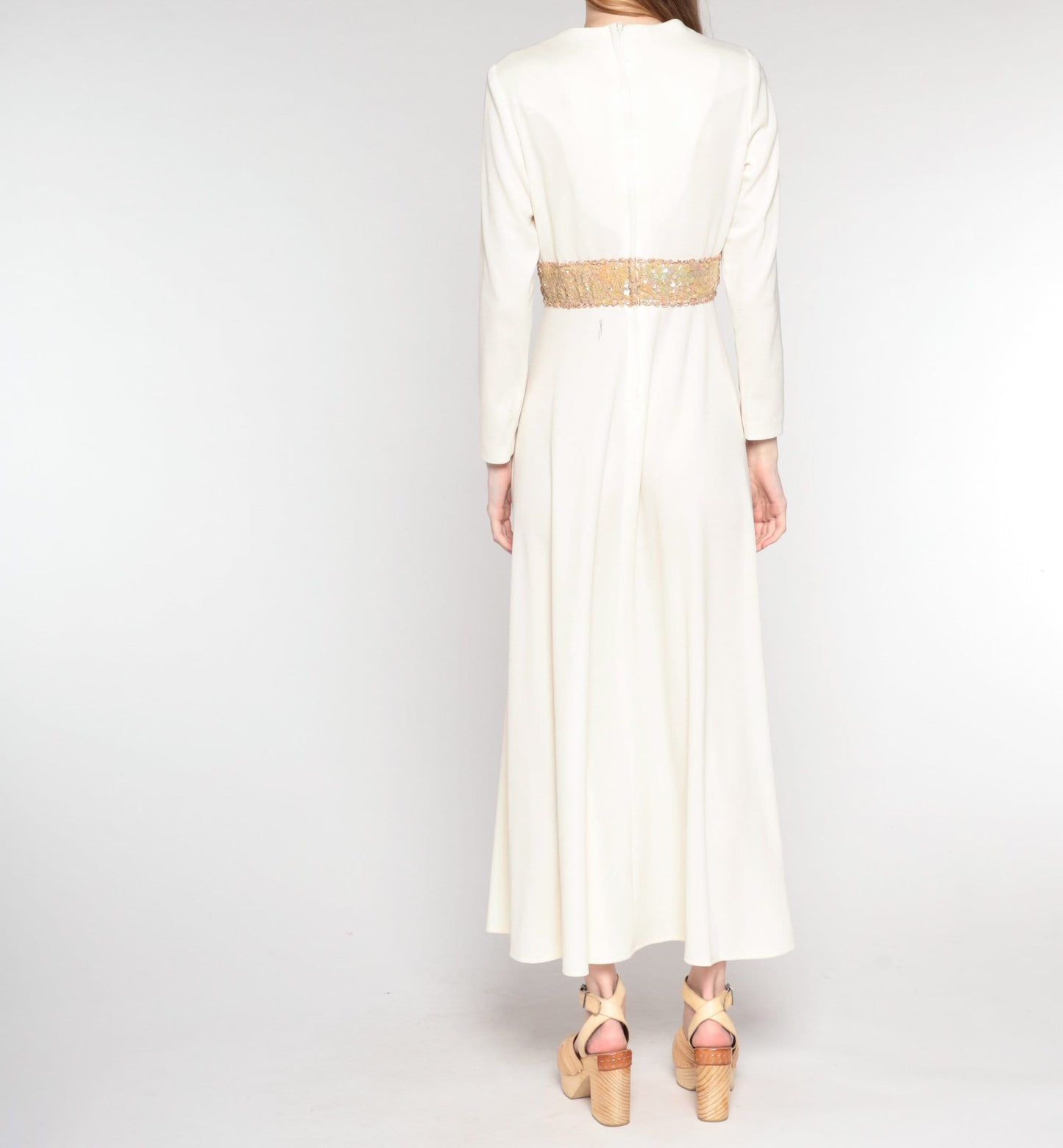 70s Grecian Maxi Dress Cream Sequin V-Neck Long Sleeve Small S
