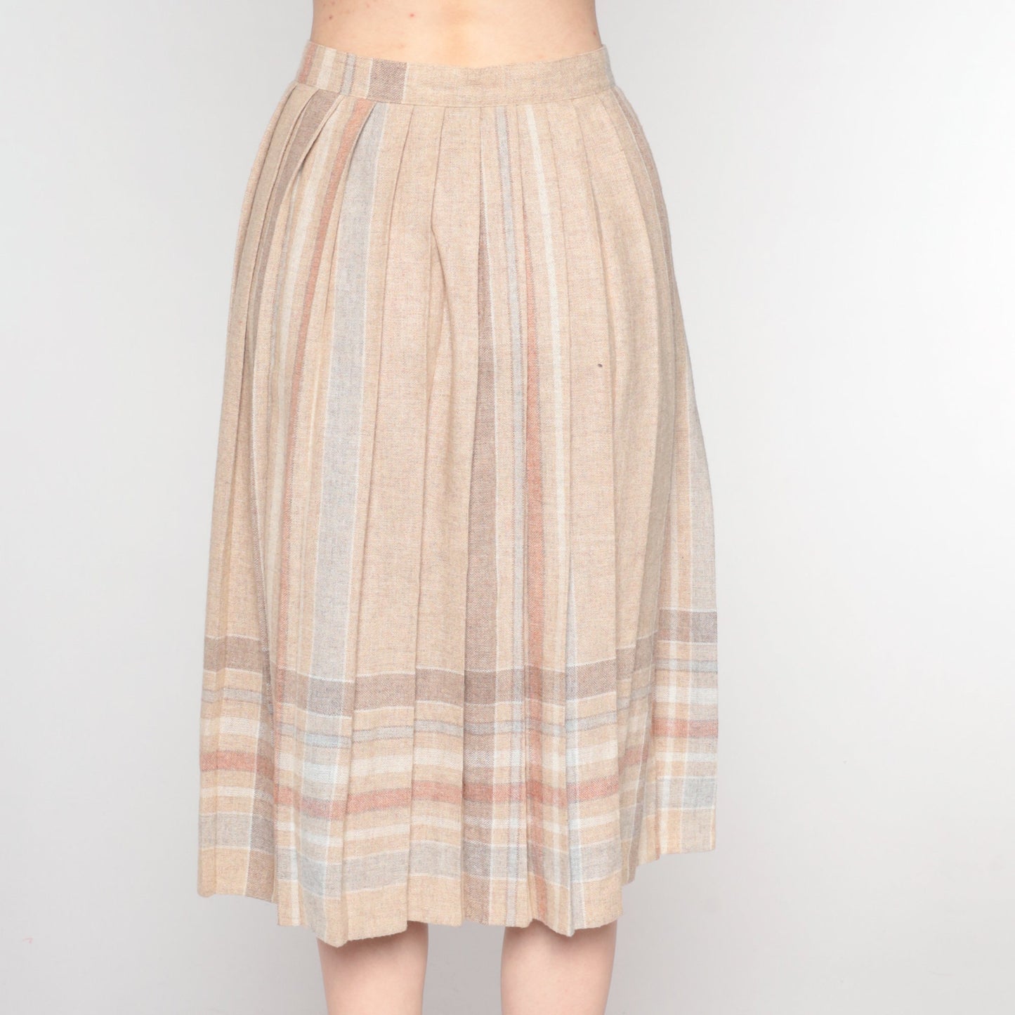 80s Tan Striped Pleated Midi Skirt High Waist Button Front Extra Small