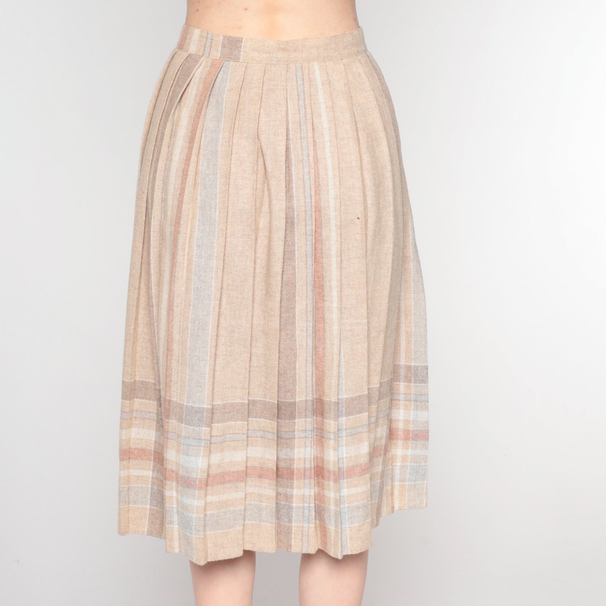 80s Tan Striped Pleated Midi Skirt High Waist Button Front Extra Small