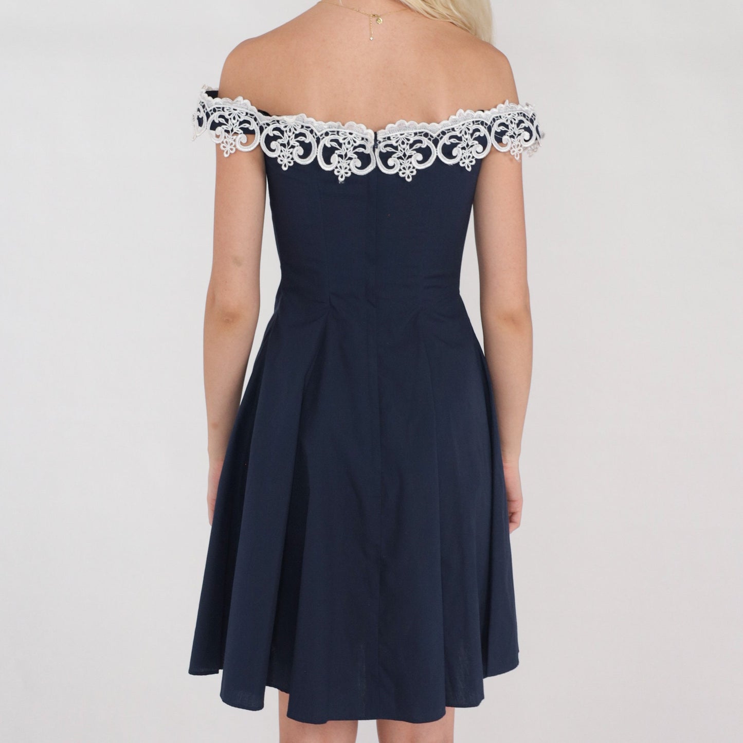 80s Gunne Sax Mini Dress Navy Floral Lace Off-Shoulder Fit Flare XXS
