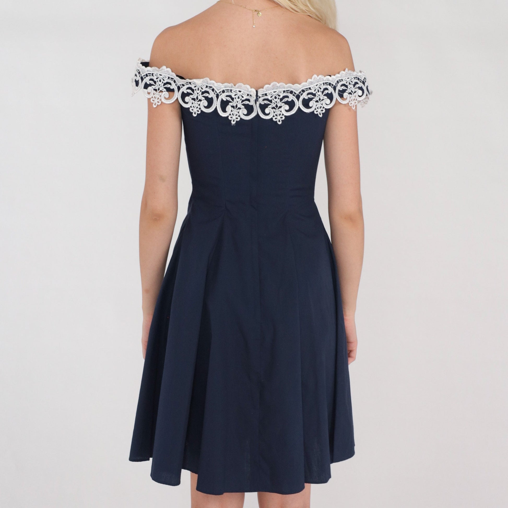 80s Gunne Sax Mini Dress Navy Floral Lace Off-Shoulder Fit Flare XXS