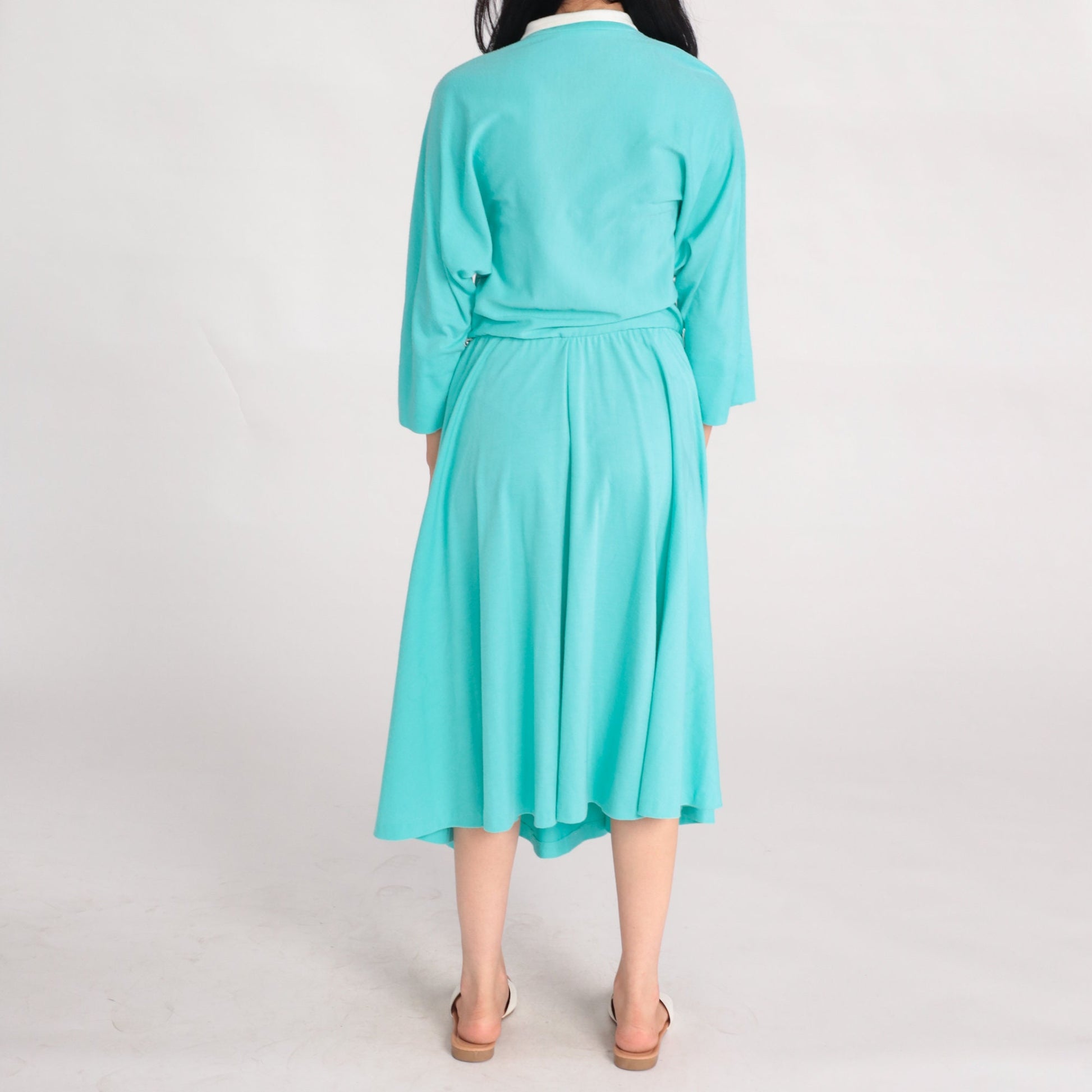 80s Mint Blue Shirtwaist Midi Dress High Waisted Button Up 3/4 Sleeve Large