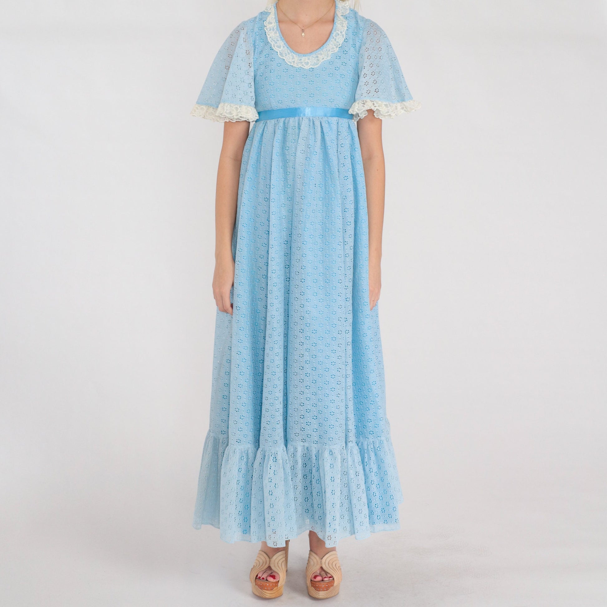 70s Blue Eyelet Maxi Dress Empire Waist Flutter Sleeve Lace Trim Ankle Length Extra Small XS