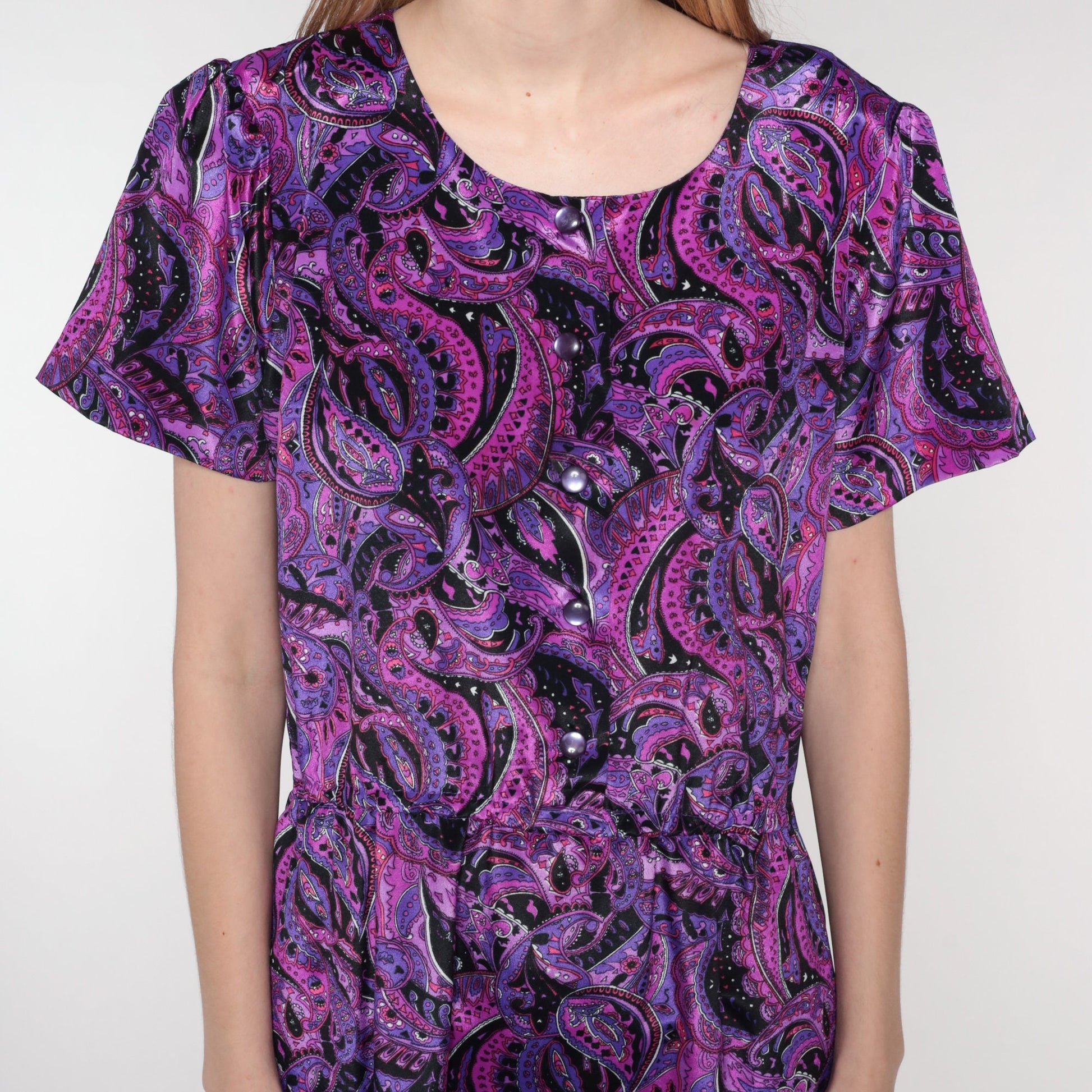 60s Paisley Shirtwaist Midi Dress Purple Pink Black Button-Up Medium Large