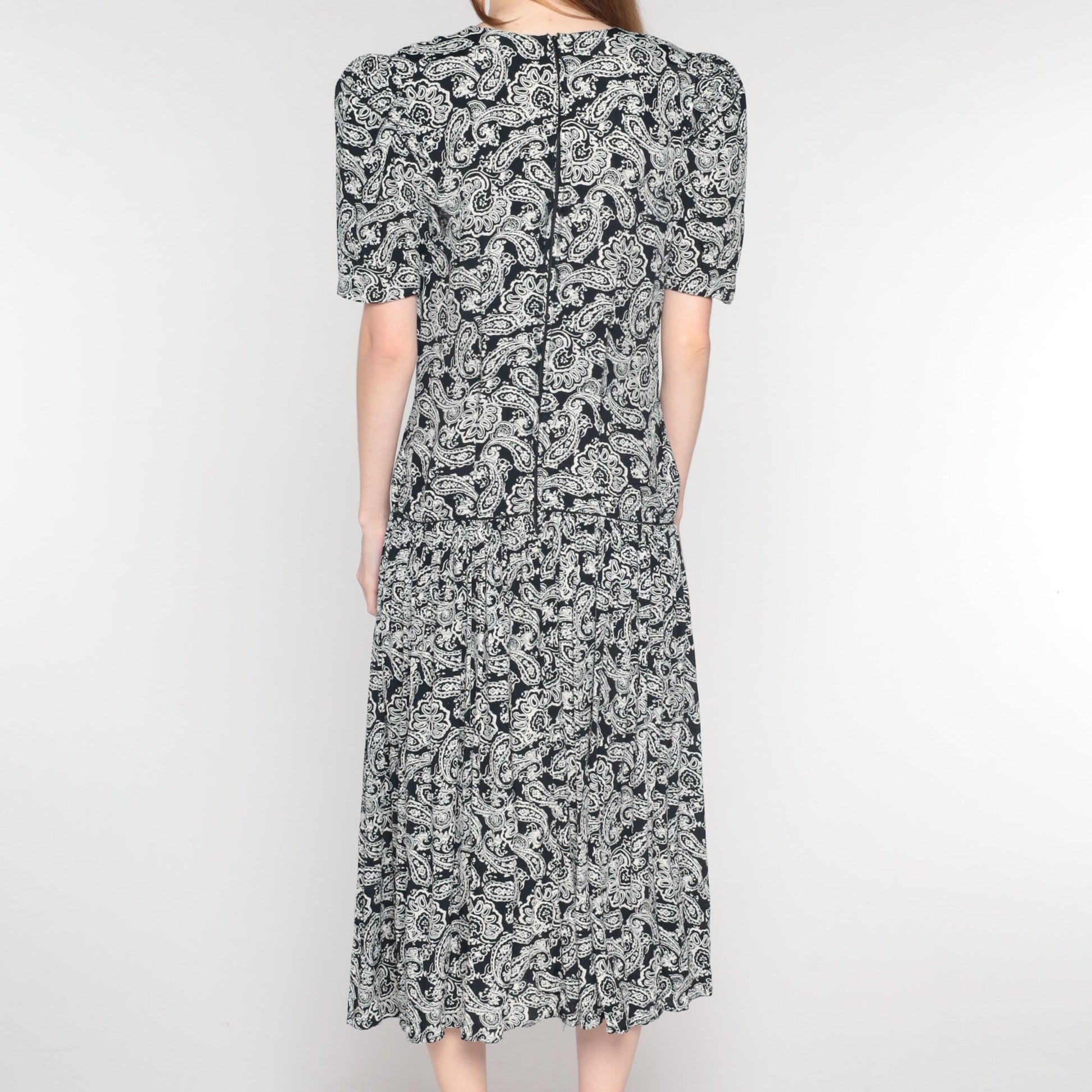 1990s Maggie London Black Paisley Maxi Dress Puff Sleeve Drop Waist Medium 8