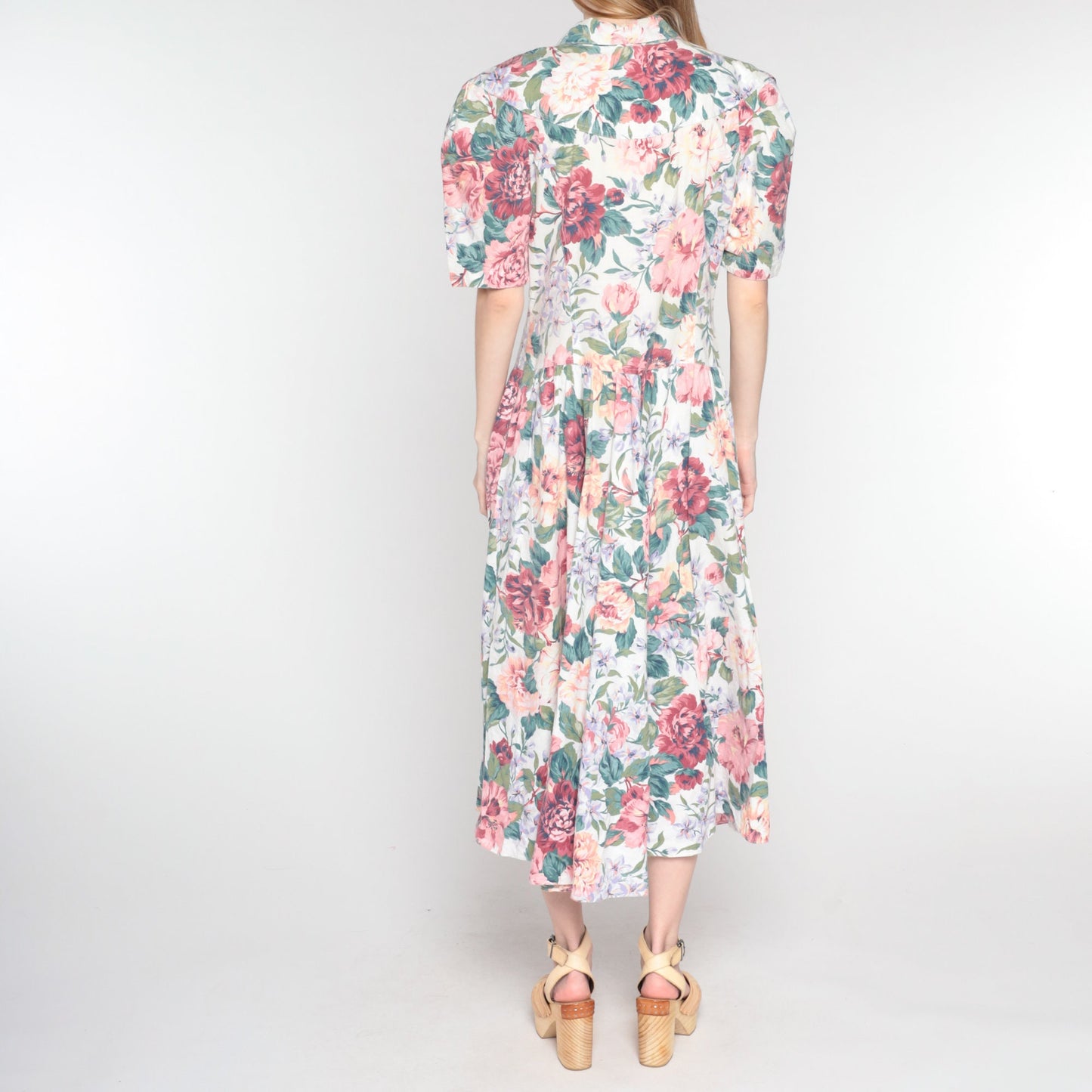 90s Floral Midi Dress Double Breasted Puff Sleeve Basque Waist Cotton Medium