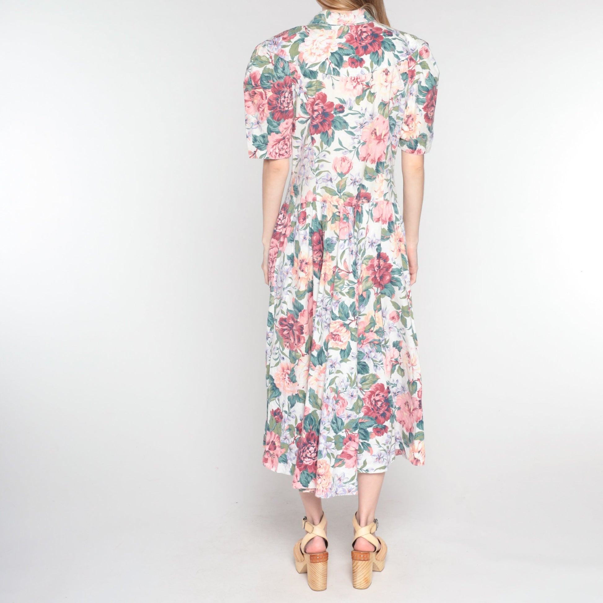 90s Floral Midi Dress Double Breasted Puff Sleeve Basque Waist Cotton Medium