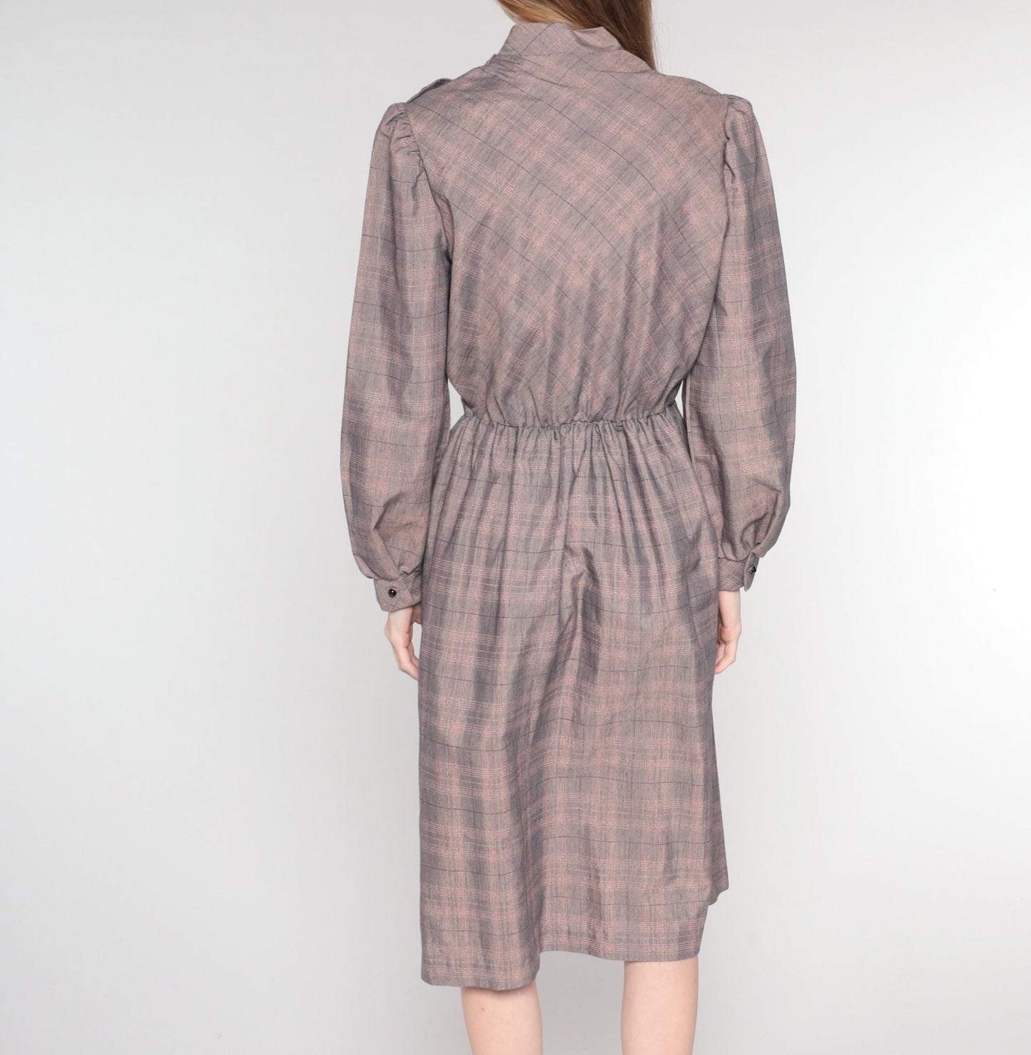 80s Grey Plaid Midi Dress Mock Neck Long Sleeve High Waist Small Medium