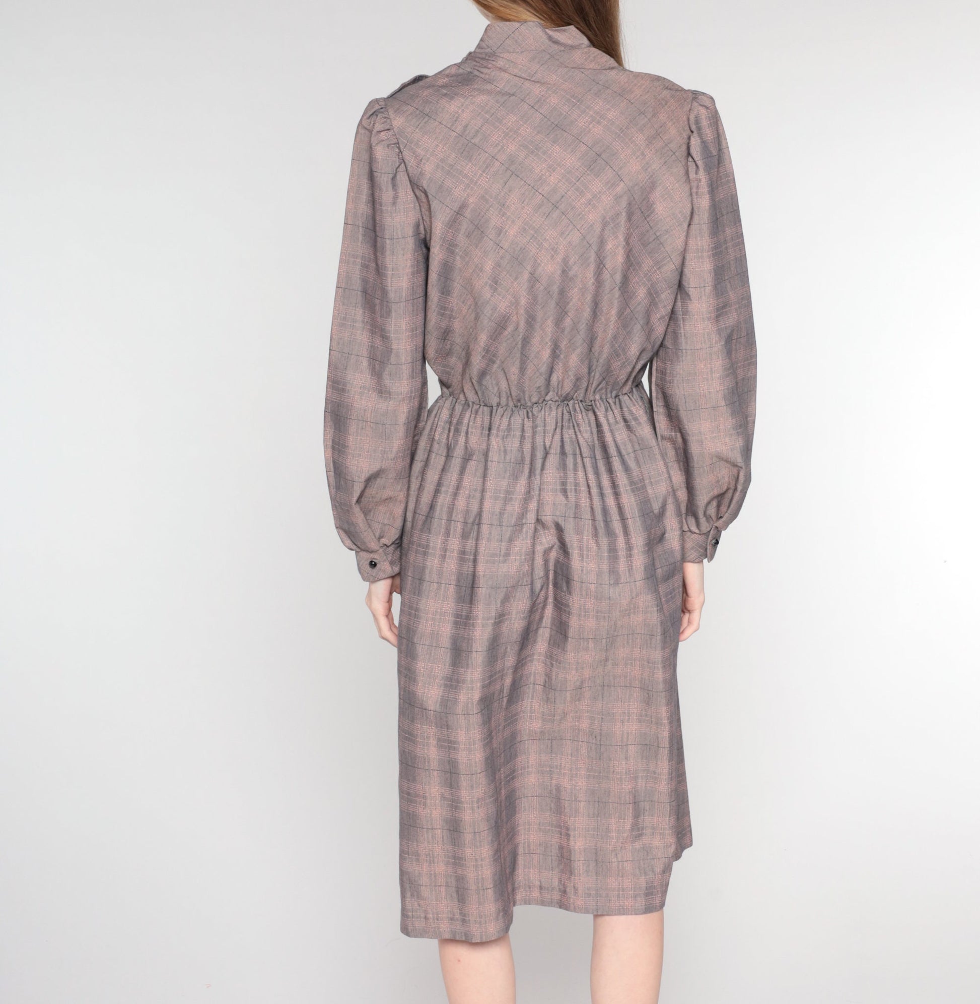 80s Grey Plaid Midi Dress Mock Neck Long Sleeve High Waist Small Medium