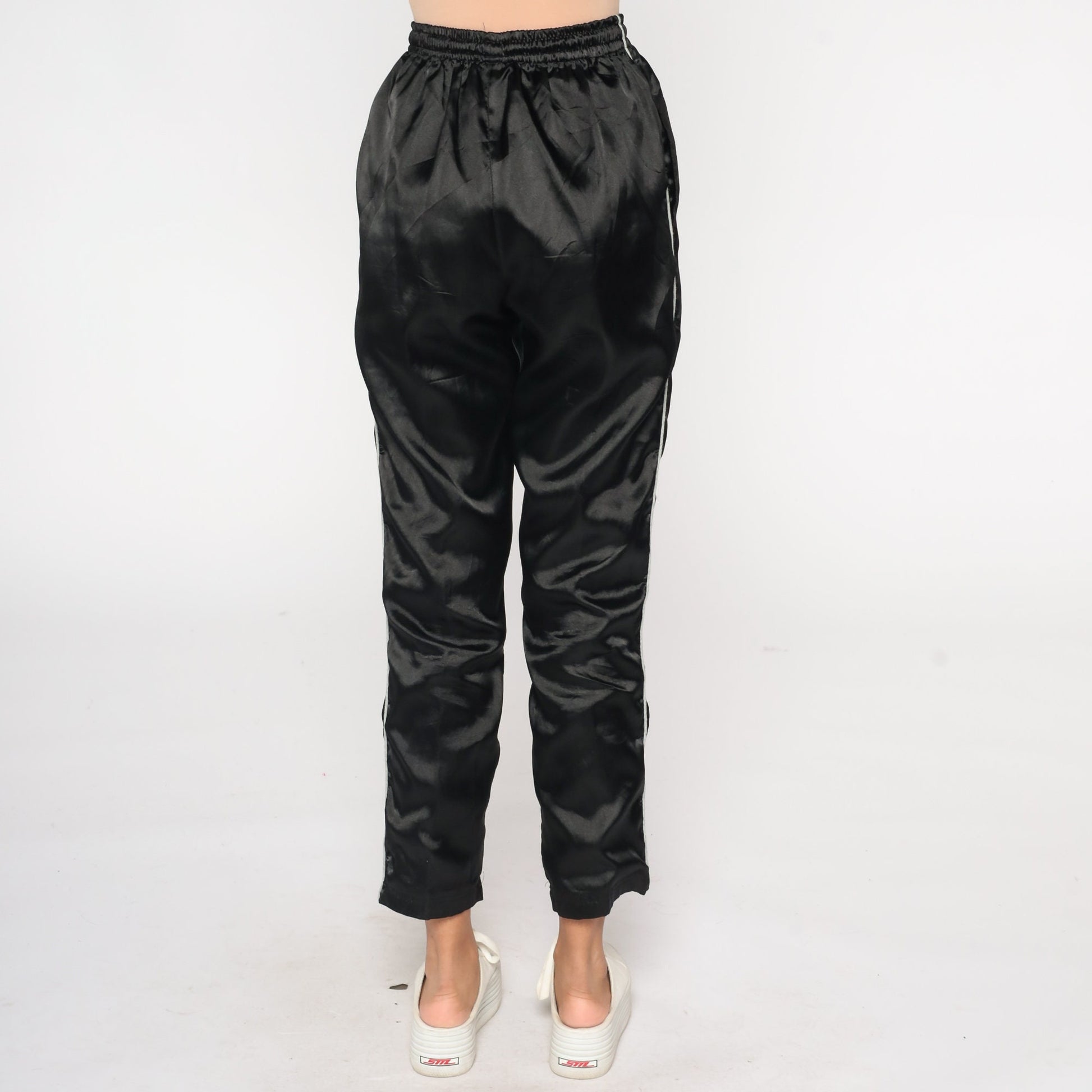 90s Black Track Pants White Stripe Shiny Joggers Small S
