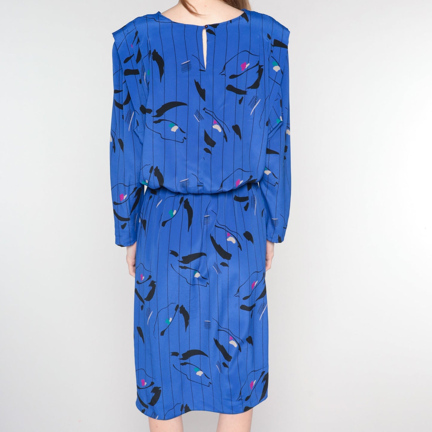 80s Blue Striped Abstract Blouson Midi Dress Long Sleeve Small