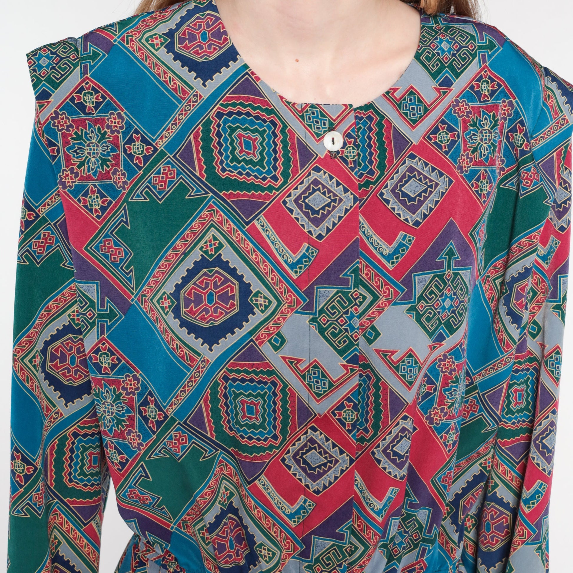 80s Leslie Fay Geometric Mini Dress Colorful Tile Print Long Sleeve Medium