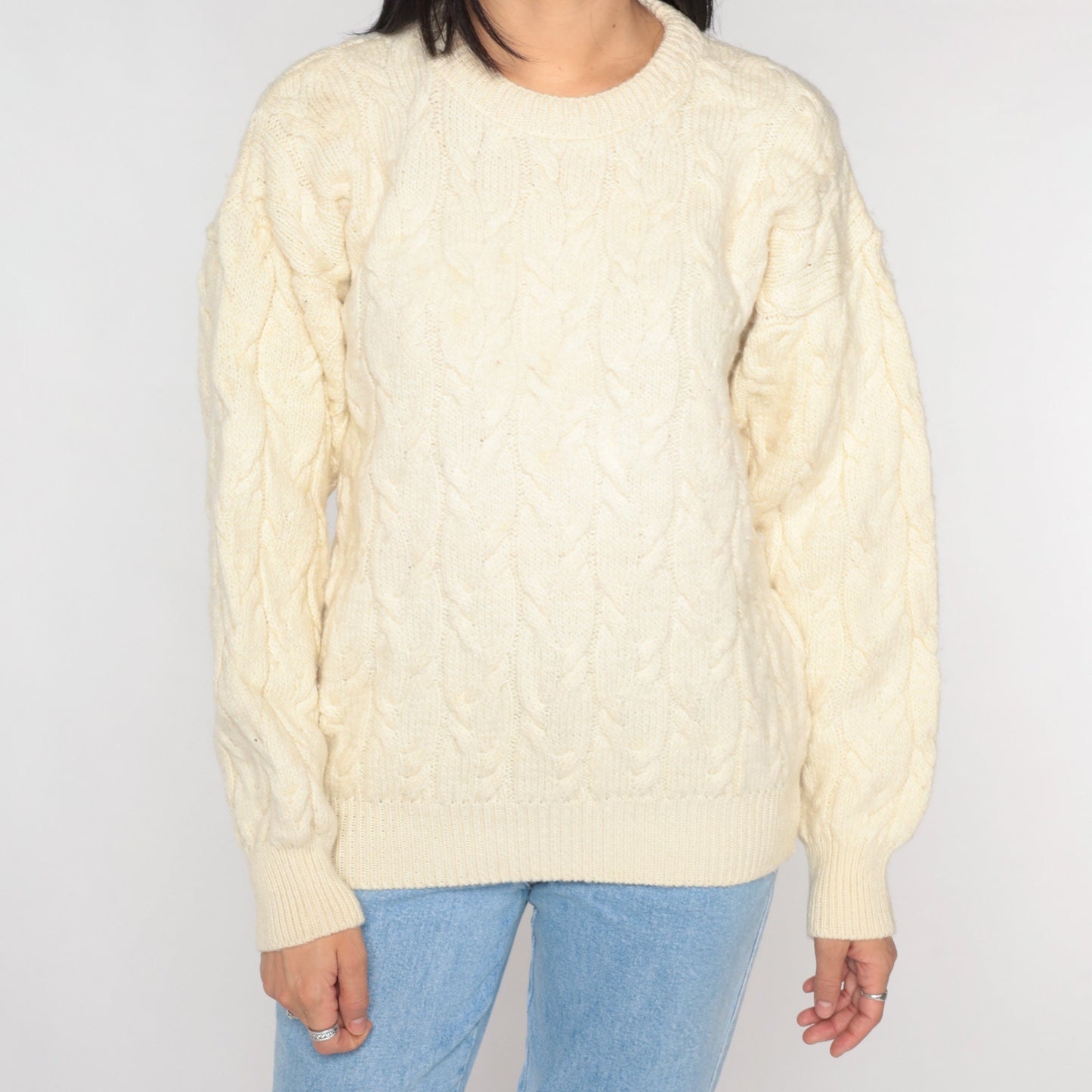 80s Australian Merino Wool Cable Knit Sweater Cream Crewneck Small