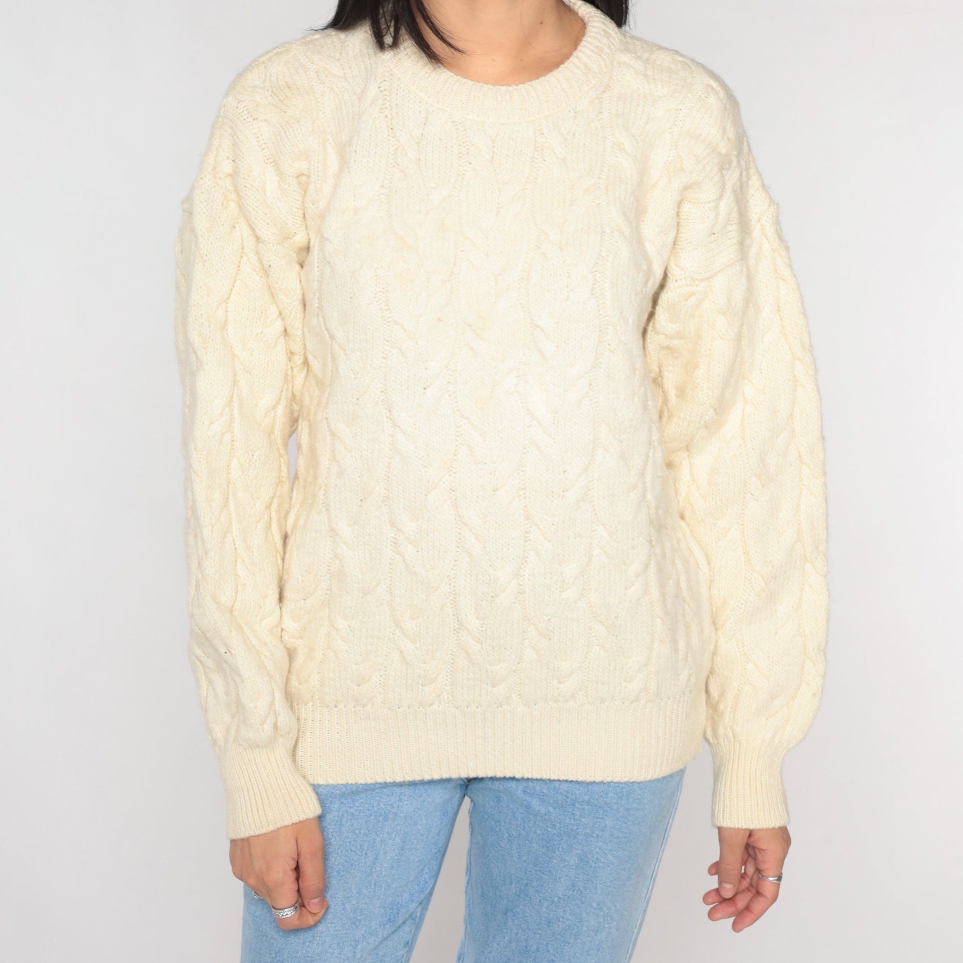 80s Australian Merino Wool Cable Knit Sweater Cream Crewneck Small