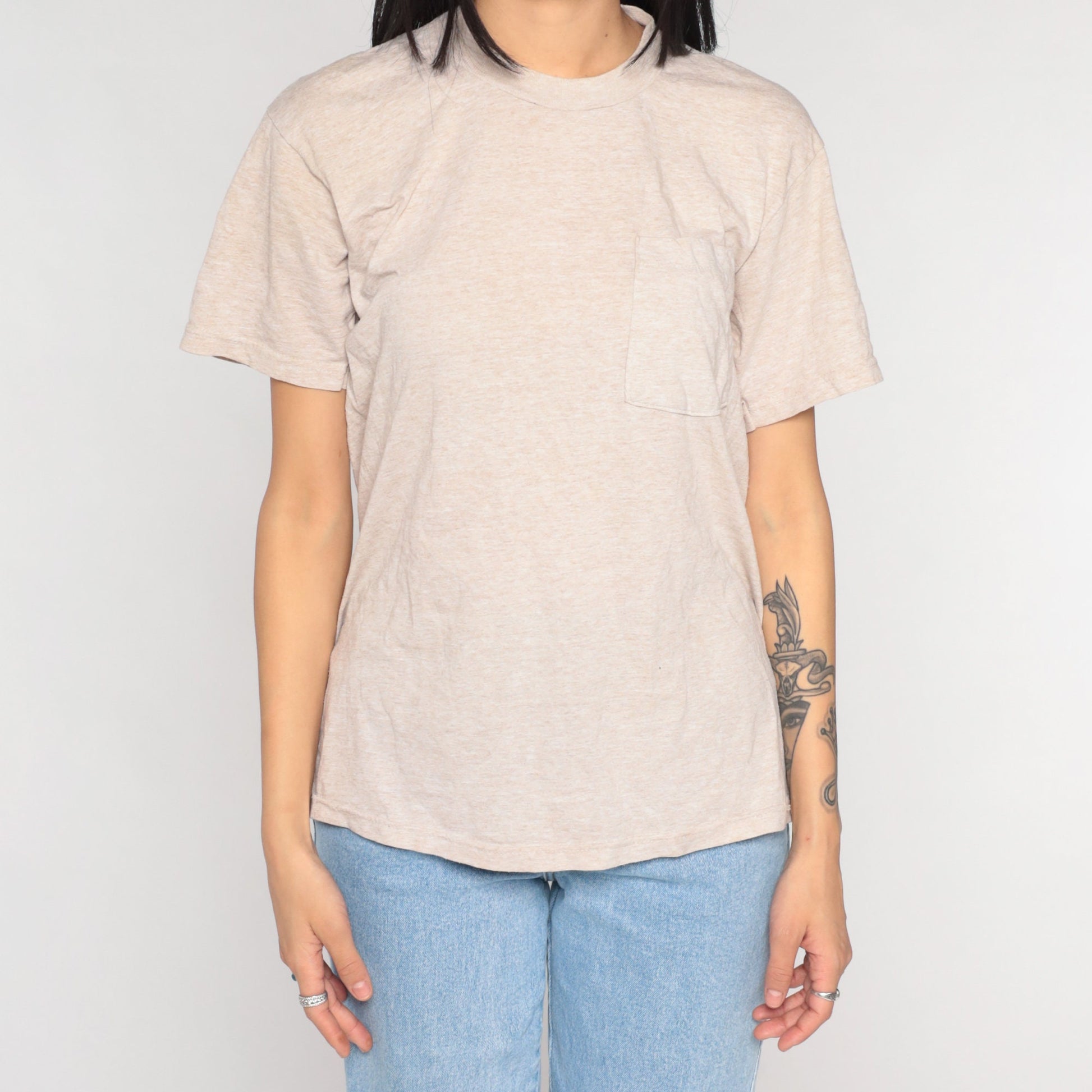 90s Fruit of the Loom Pocket Tee Heather Beige T-Shirt Medium M