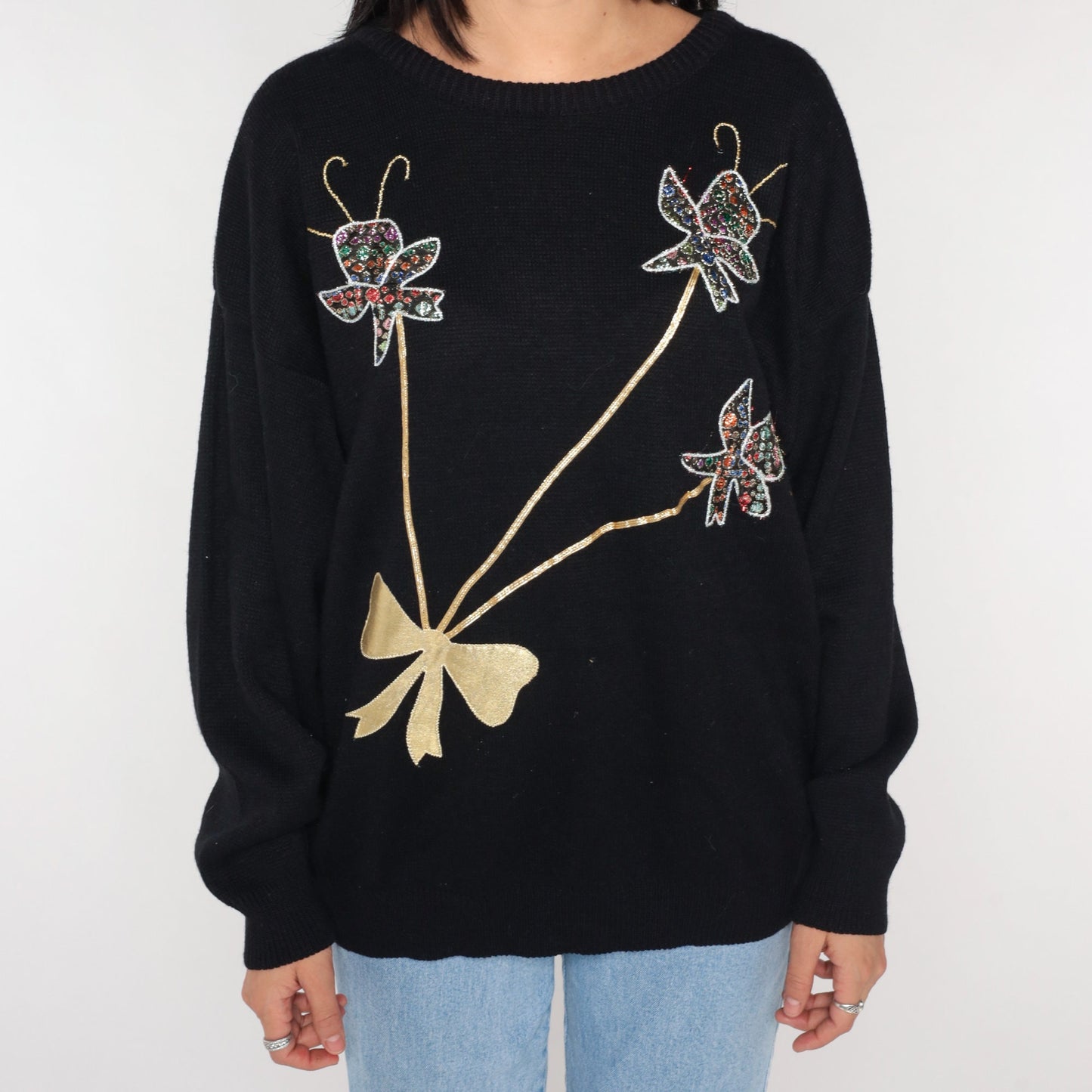90s Metallic Floral Embellished Knit Sweater Black Gold Bow XL