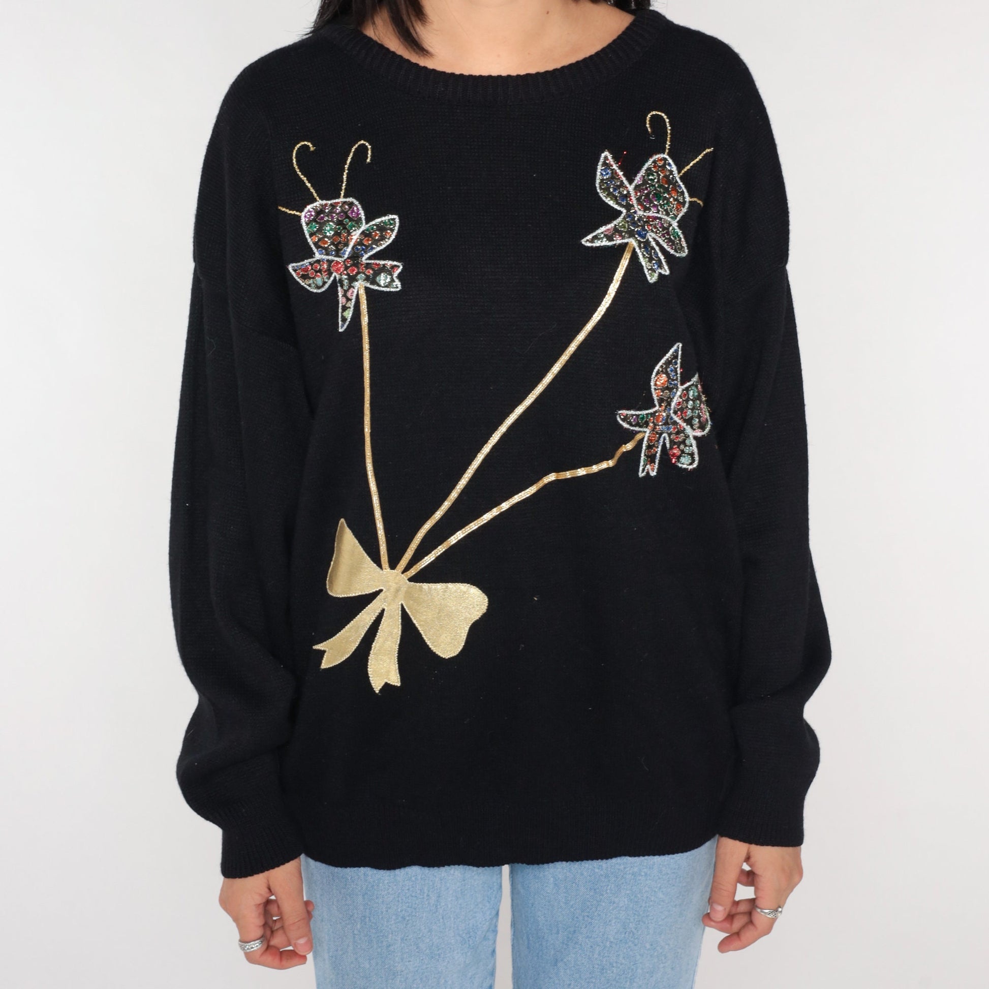 90s Metallic Floral Embellished Knit Sweater Black Gold Bow XL