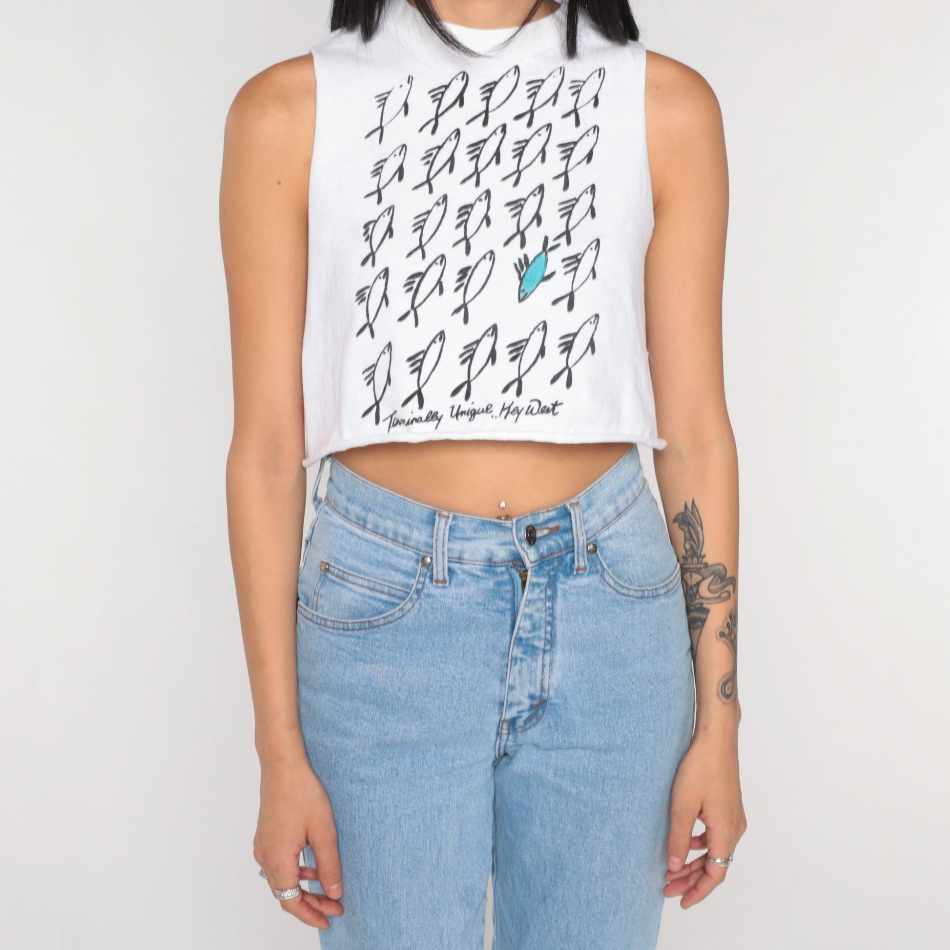 90s Key West Crop Tank Top White Fish Graphic Terminally Unique Small