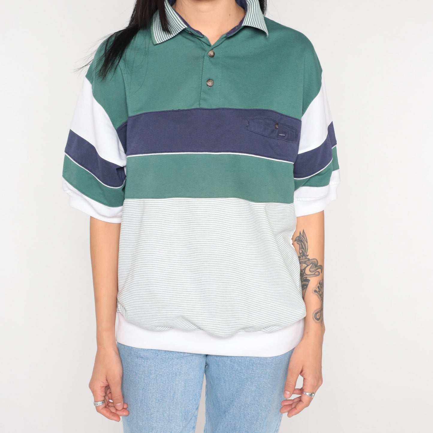 90s Striped Polo Shirt White Blue Green Banded Hem Collared Medium M