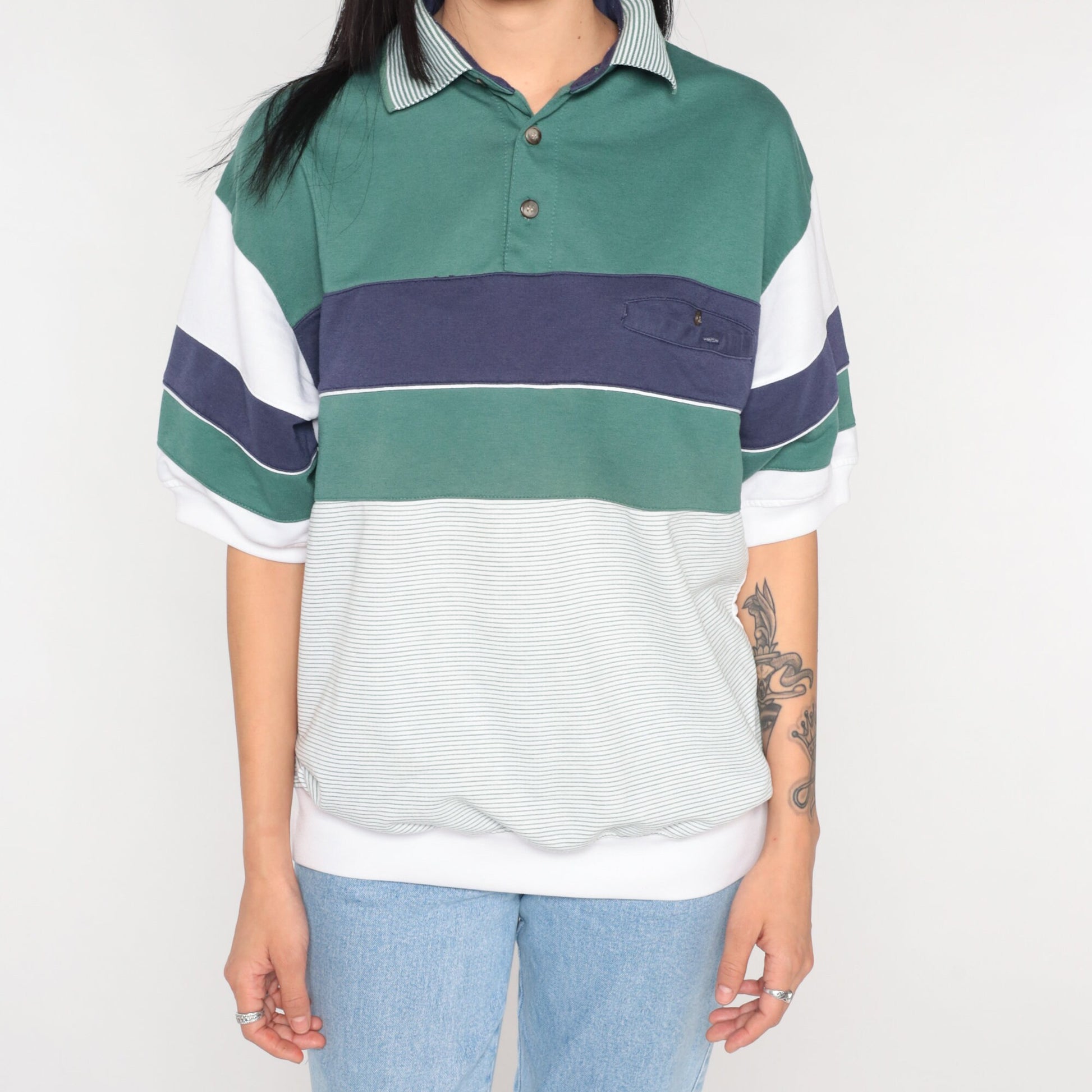 90s Striped Polo Shirt White Blue Green Banded Hem Collared Medium M