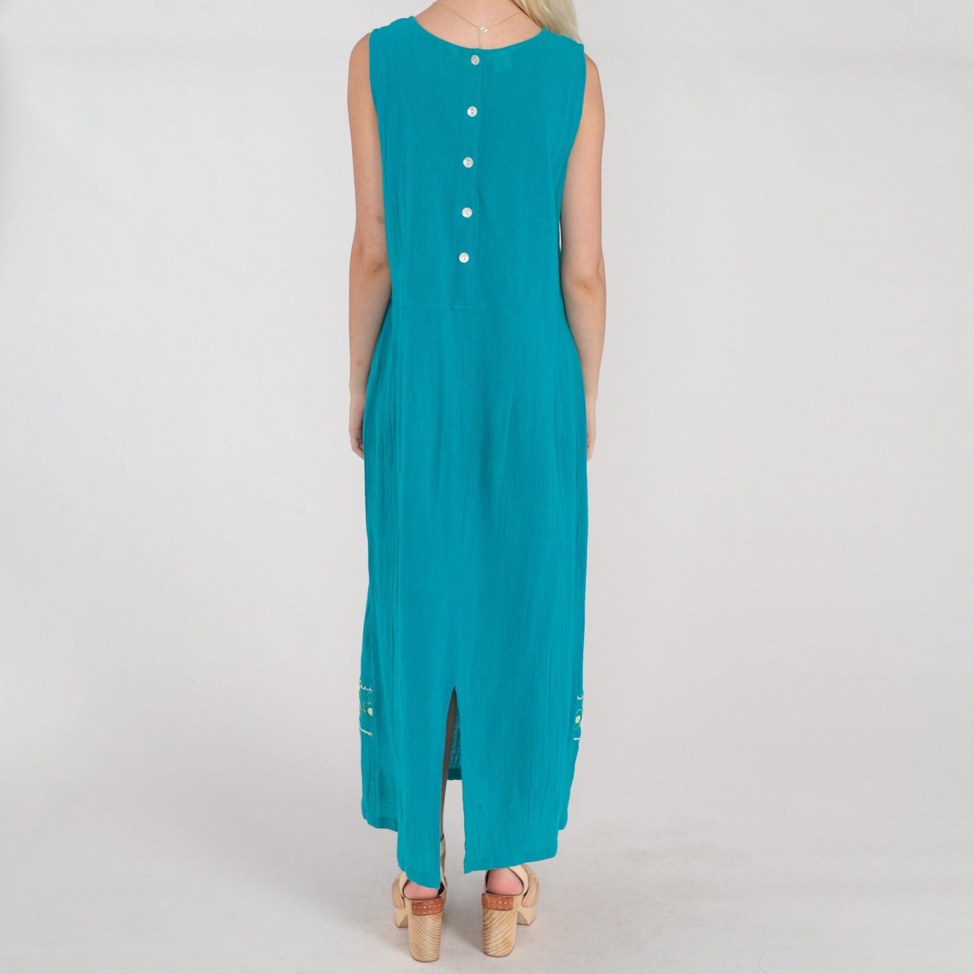 Y2K Turquoise Floral Embroidered Cotton Maxi Dress Sleeveless Large L