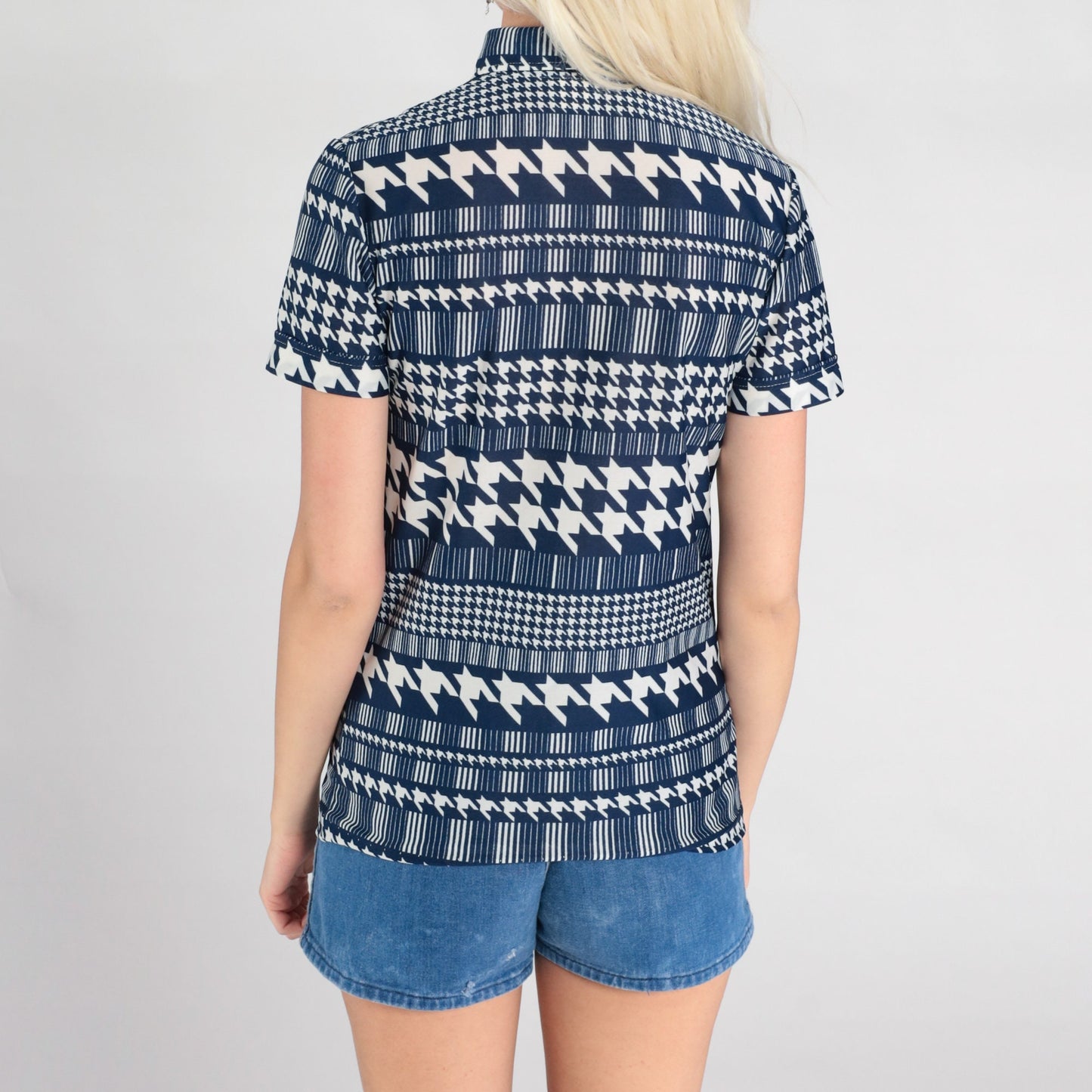 70s Checkered Polo Shirt Navy Houndstooth Dagger Collar Half Button Small