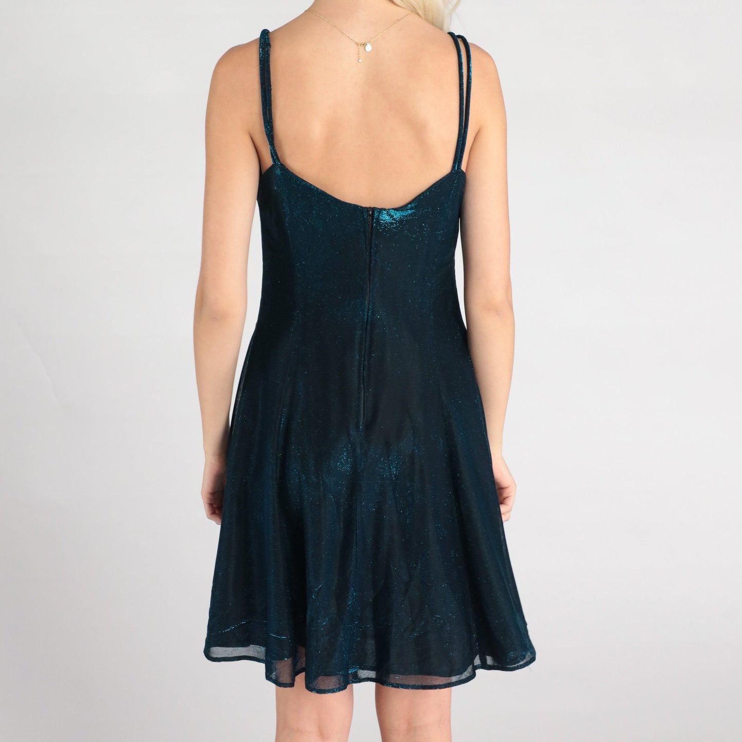 90s Metallic Blue Mini Dress Sweetheart Neckline Spaghetti Strap Small