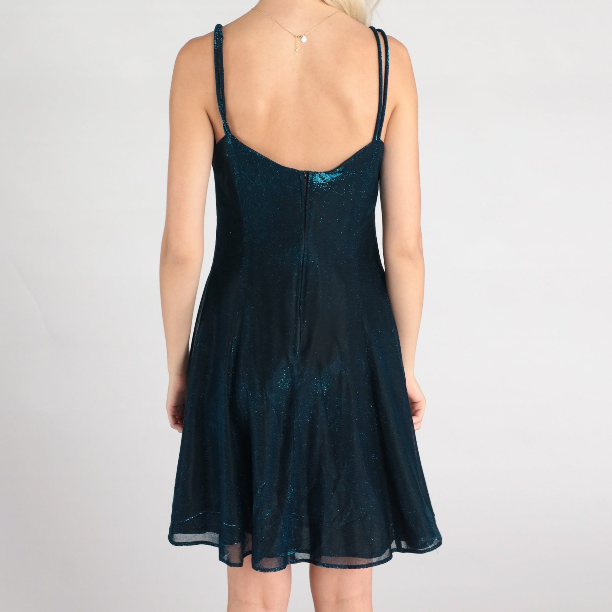 90s Metallic Blue Mini Dress Sweetheart Neckline Spaghetti Strap Small