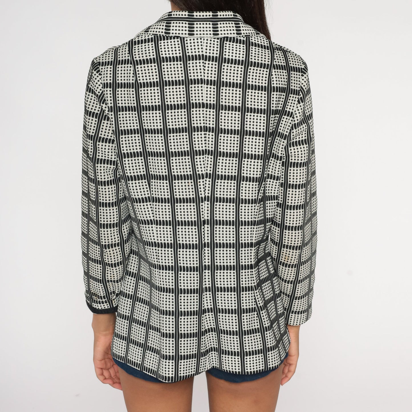 70s Checkered Button-Up Shirt Black White Collared Long Sleeve Medium