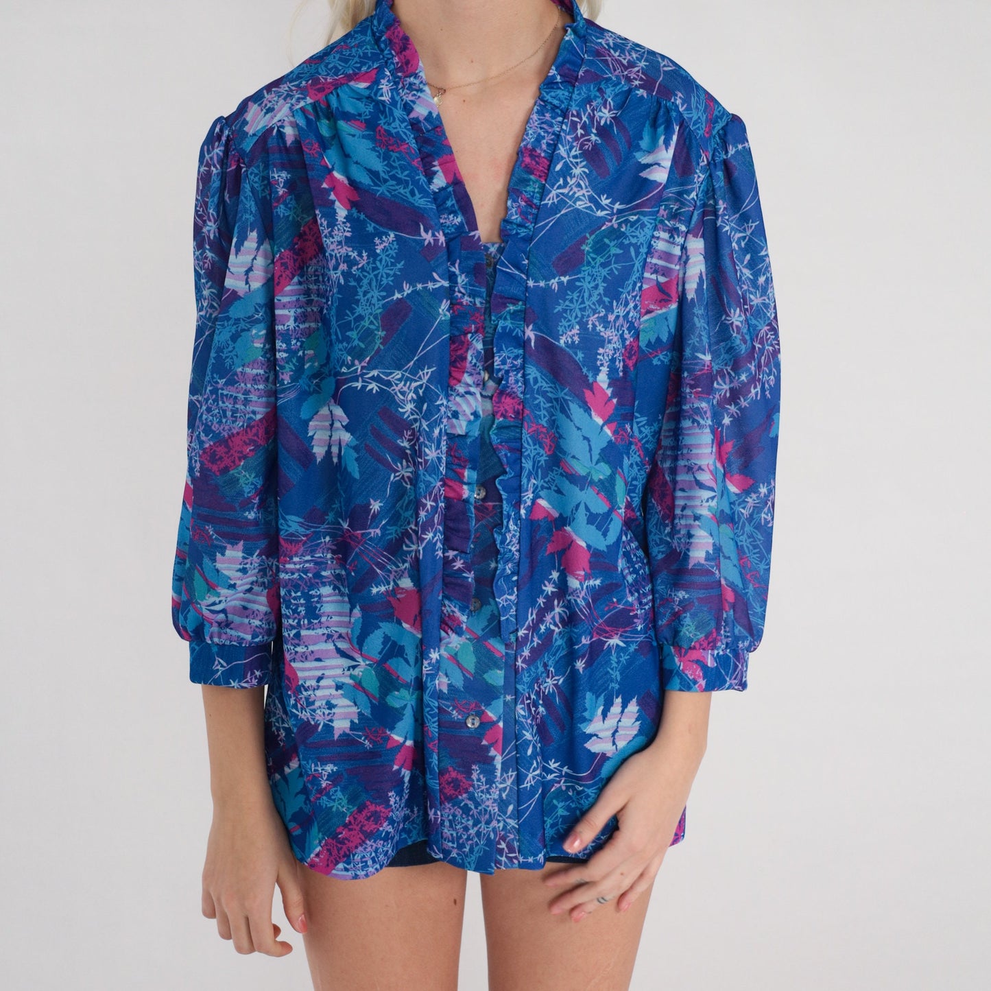 70s Floral Leaf Print Blouse Blue Purple Pink 3/4 Sleeve Ruffle Top Extra Large