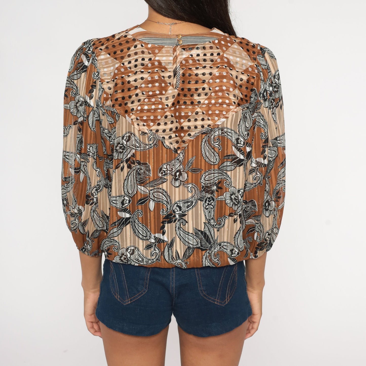 80s Diane Freis Paisley Floral Crop Top Puff Sleeve Blouse Brown Medium Large