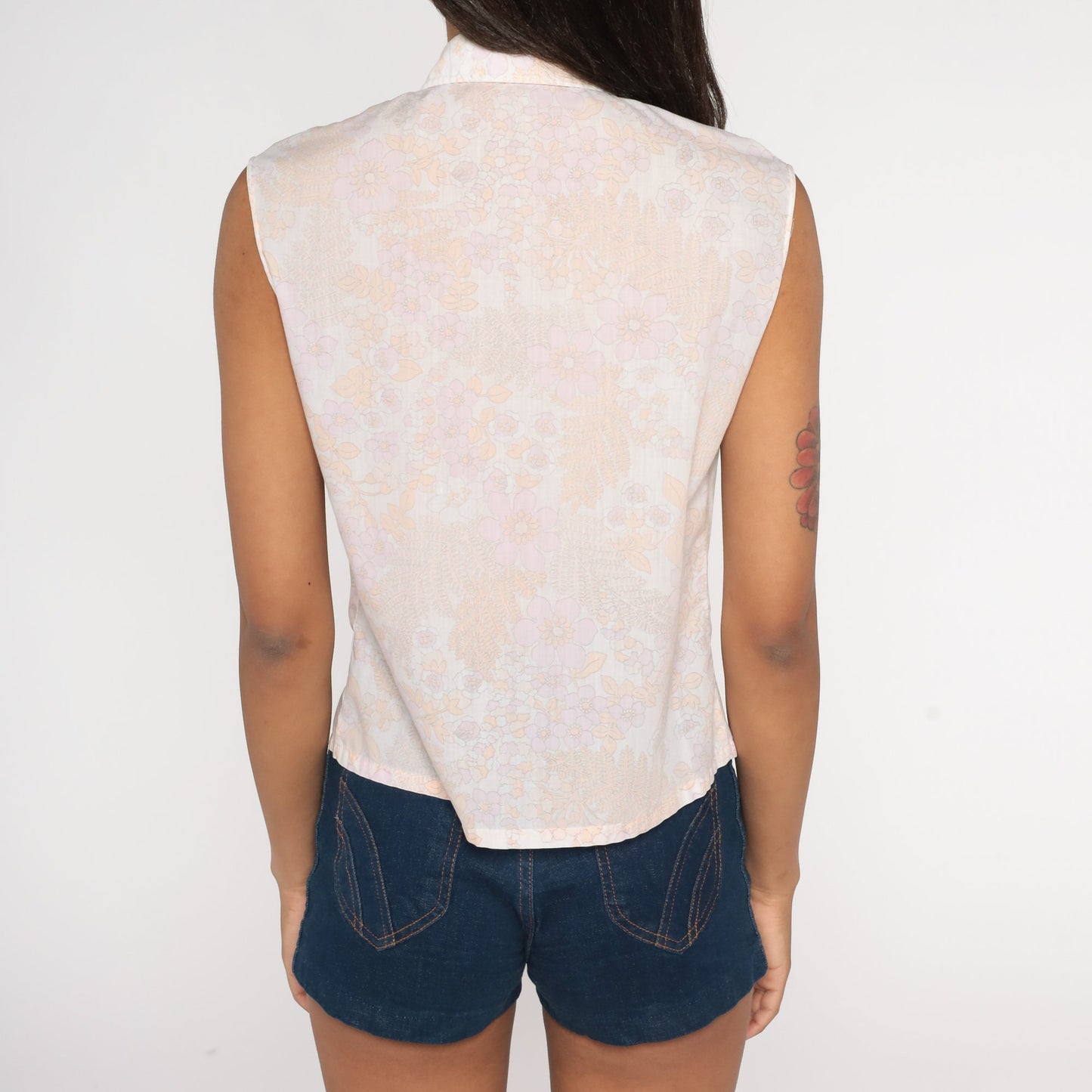 70s Floral Tank Top White Lavender Button-Up Sleeveless Blouse Small