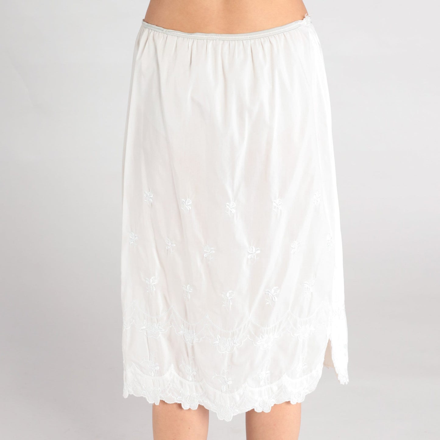 80s White Floral Embroidered Half Slip Midi Skirt Medium Large