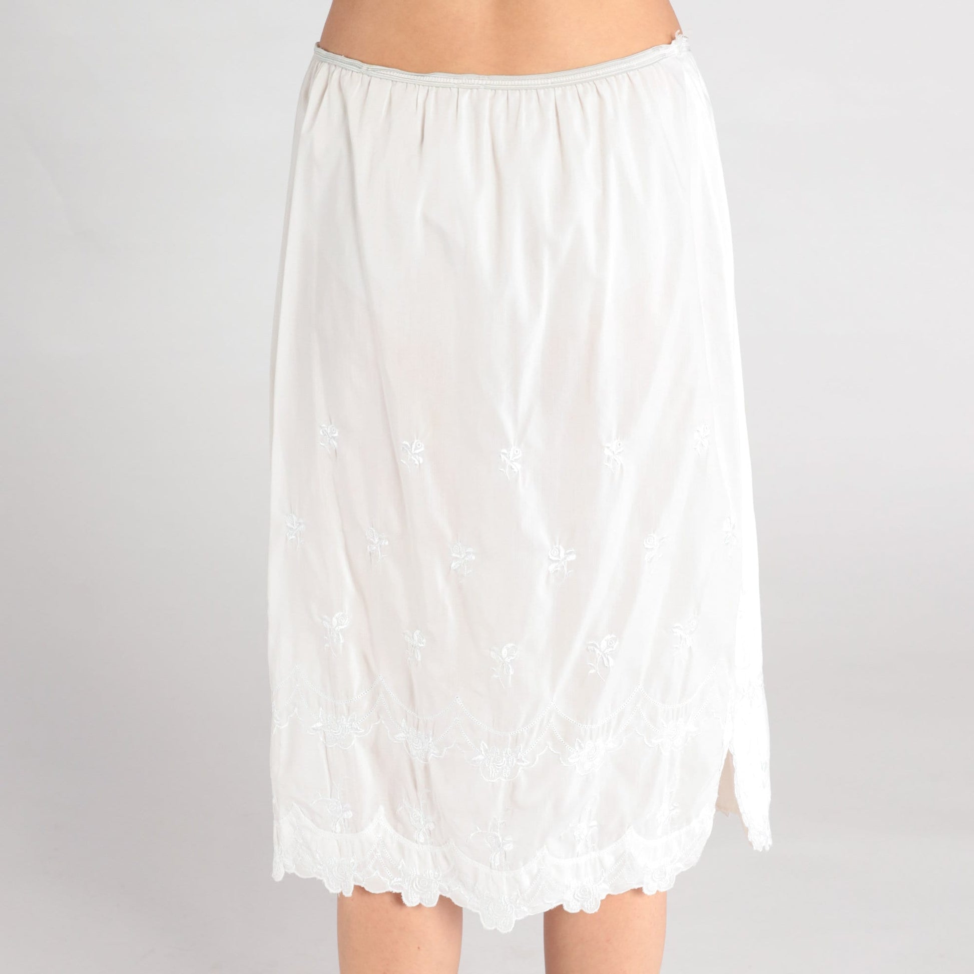 80s White Floral Embroidered Half Slip Midi Skirt Medium Large