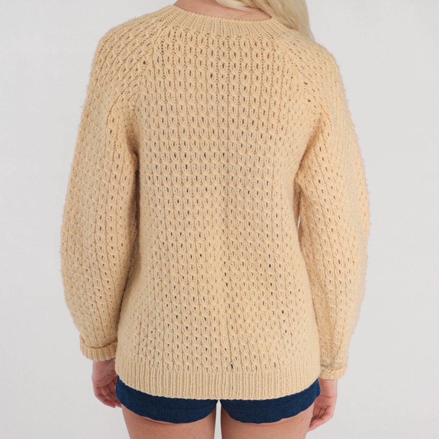 60s Cream Open Weave Cardigan Chunky Knit Button-Up Sweater Medium M