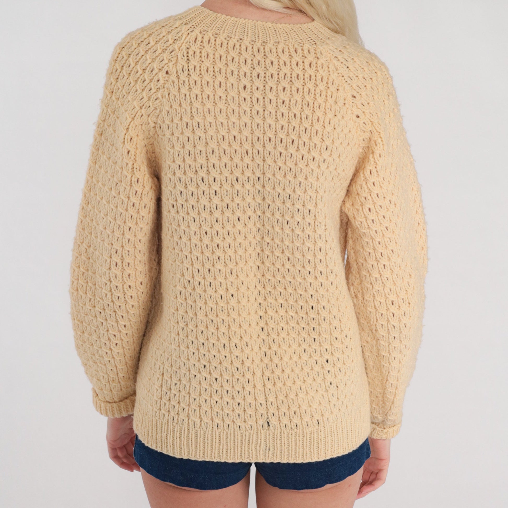 60s Cream Open Weave Cardigan Chunky Knit Button-Up Sweater Medium M