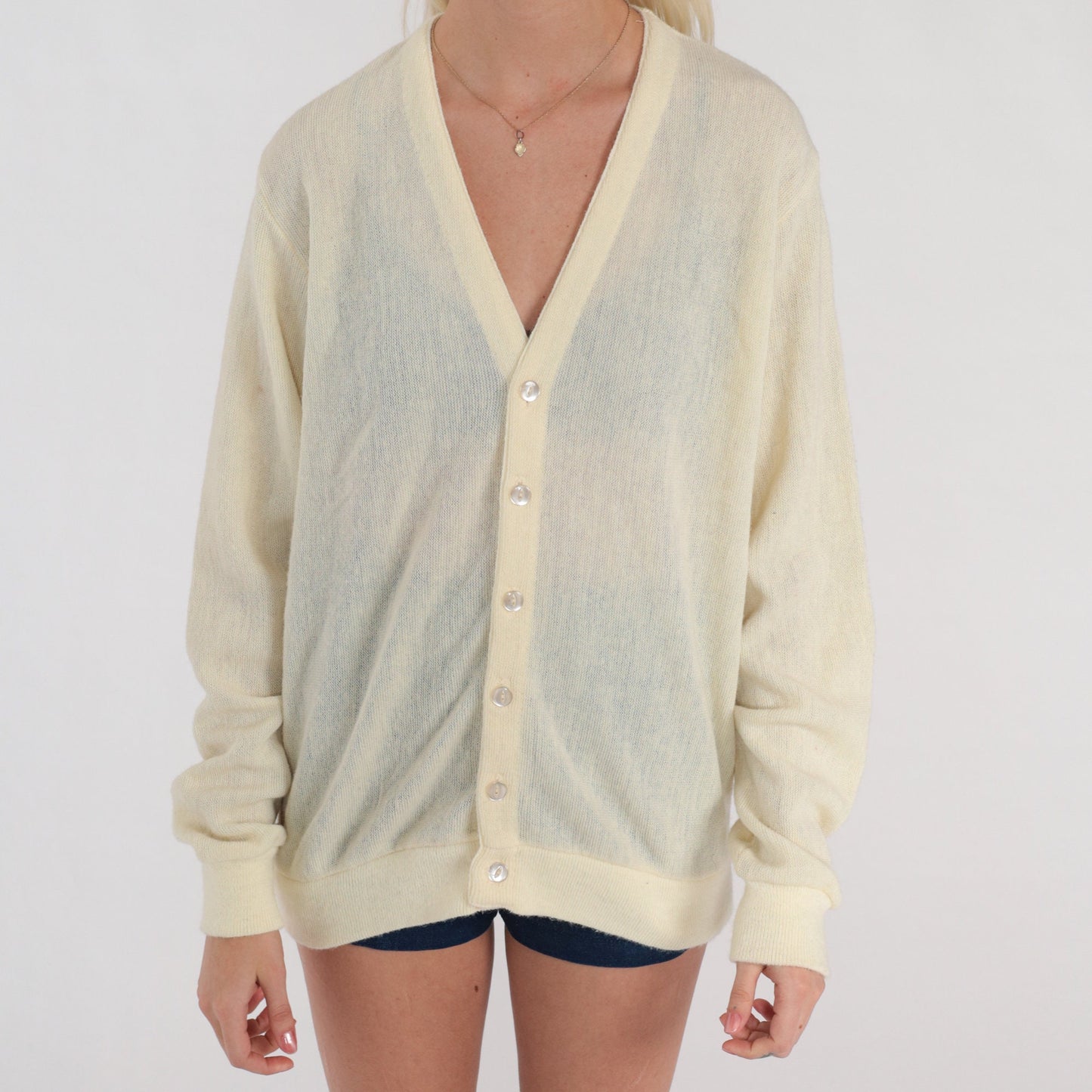 80s Cream Cardigan Semi Sheer Button Up Knit Sweater Medium