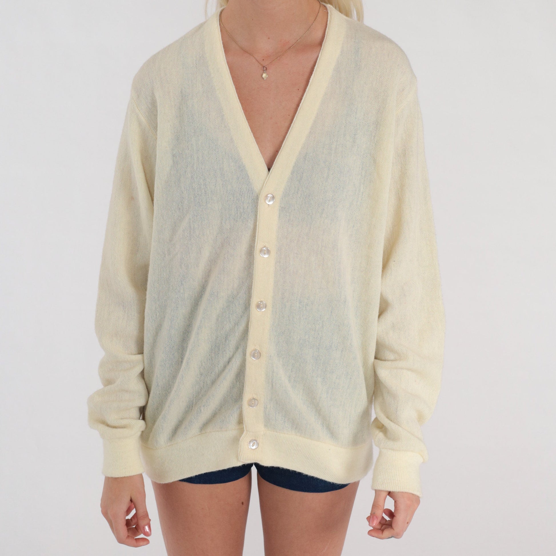80s Cream Cardigan Semi Sheer Button Up Knit Sweater Medium
