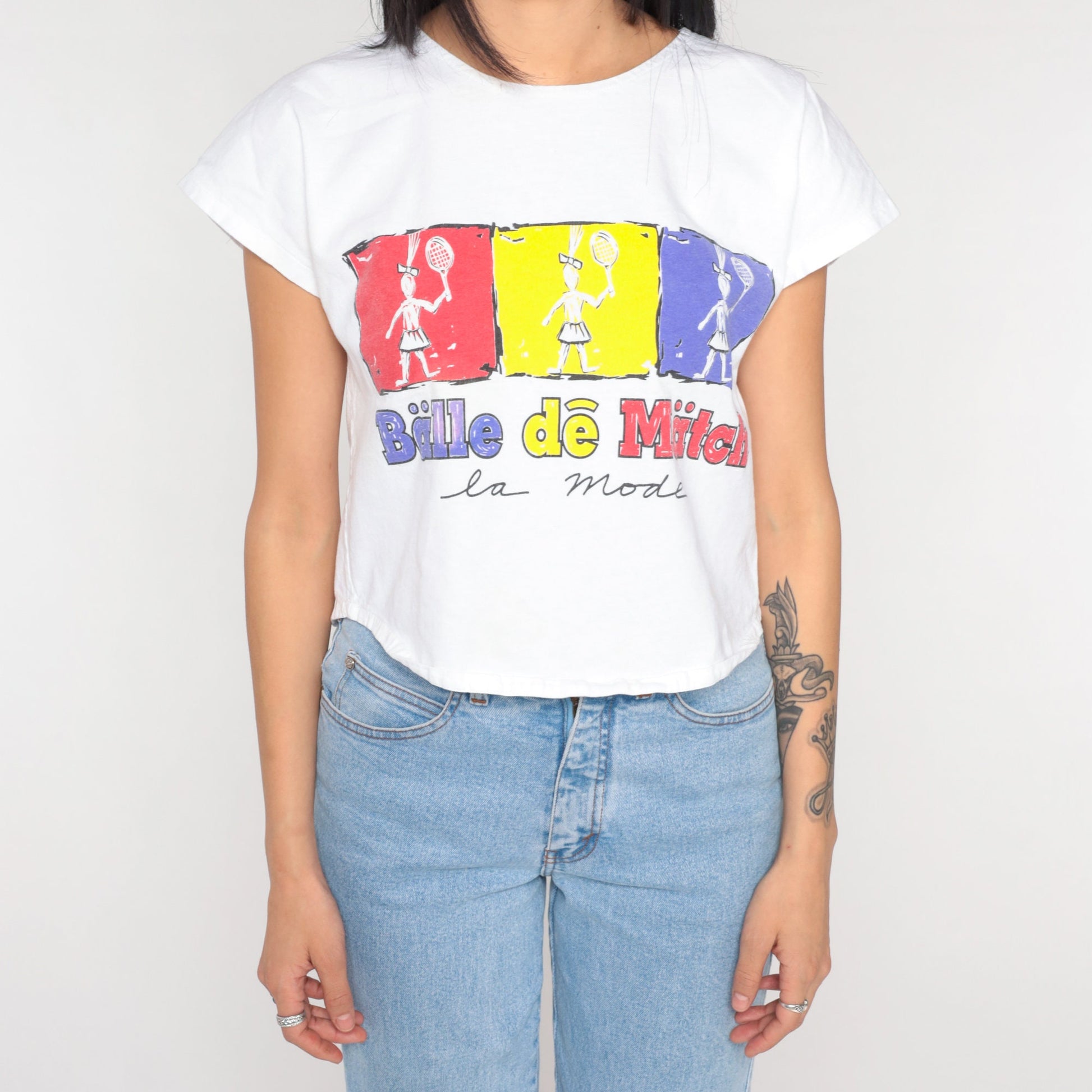 90s Balle de Match French Tennis Crop Top Cap Sleeve Graphic Tee Small