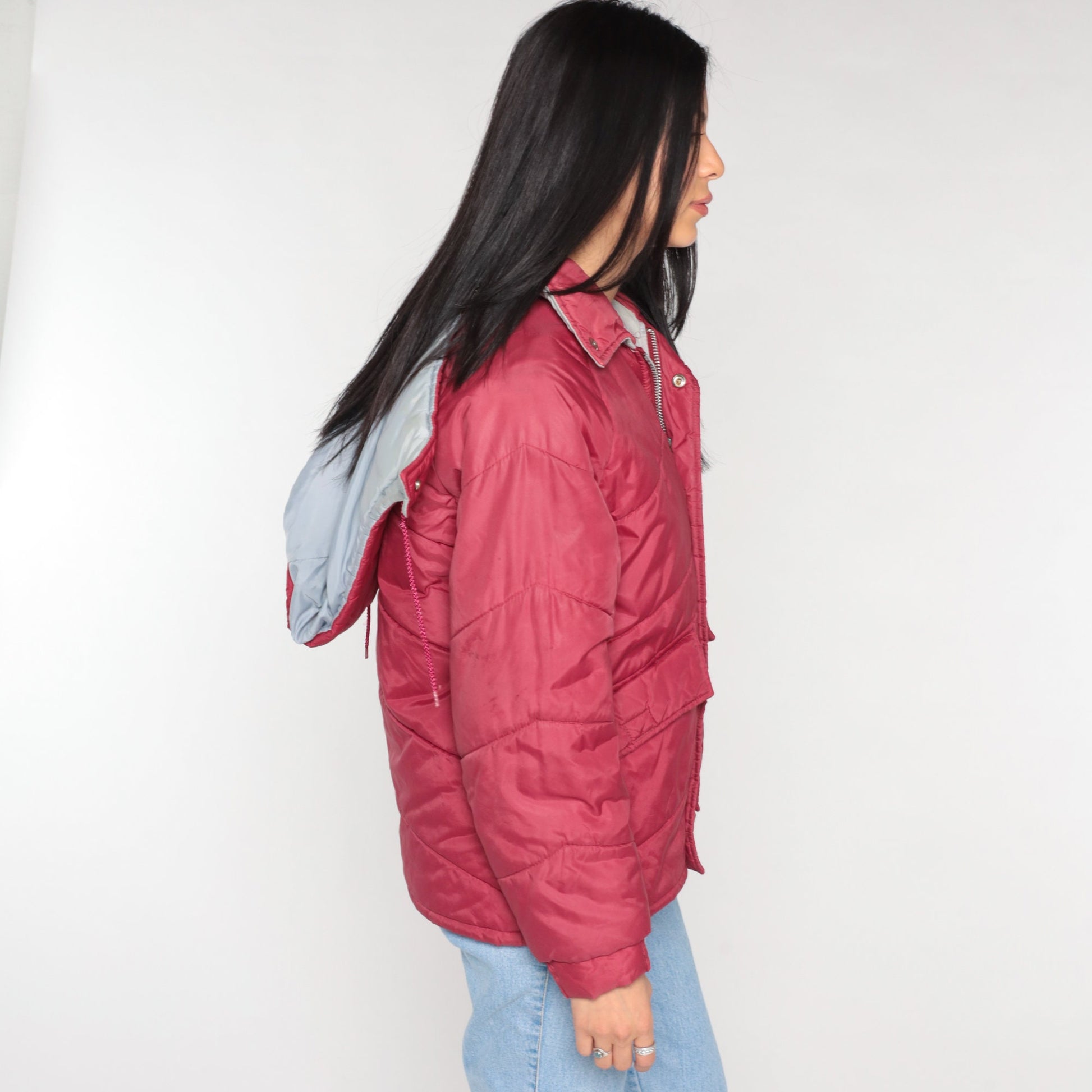 80s Red Puffer Ski Jacket Detachable Hood Nylon Puffy Coat Small