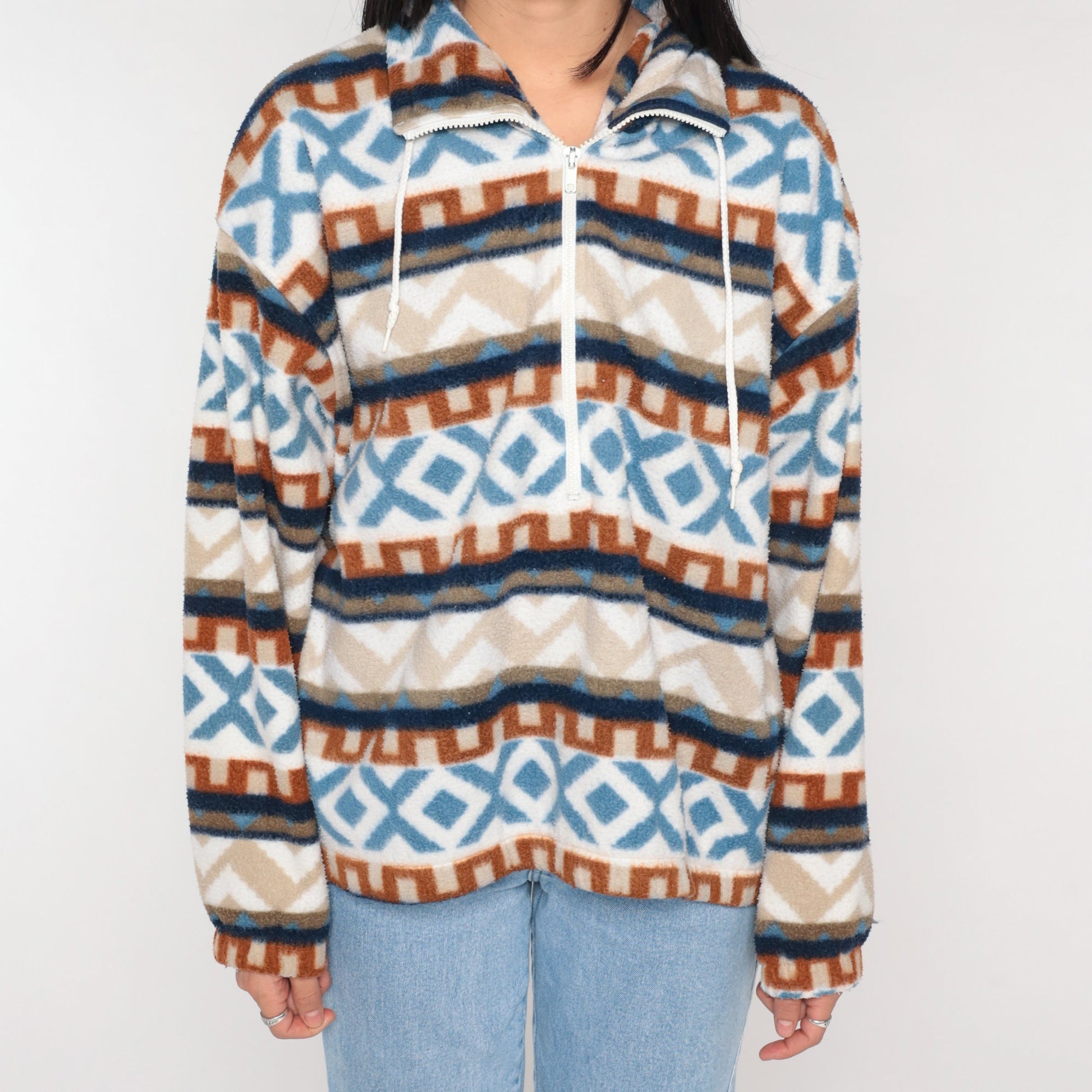 90s Striped Geometric Fleece Half Zip Pullover Blue White Orange Medium