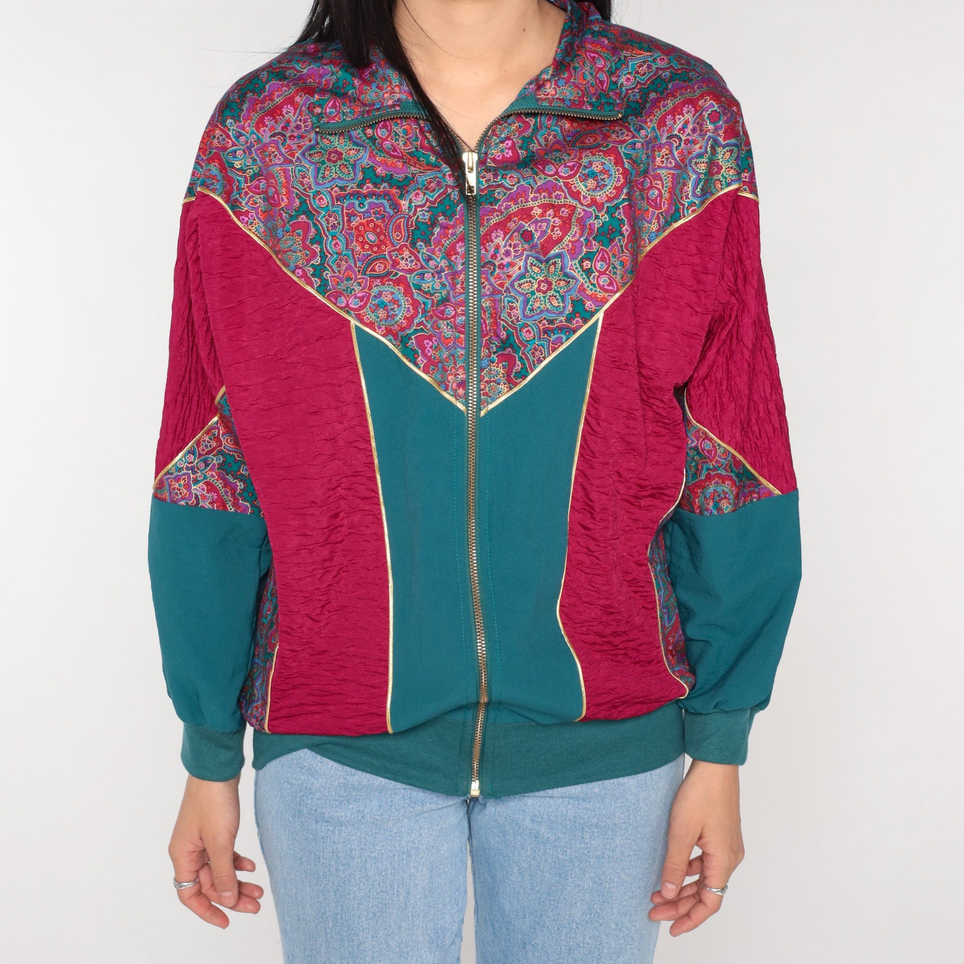 90s Floral Color Block Windbreaker Jacket Magenta Green Medium