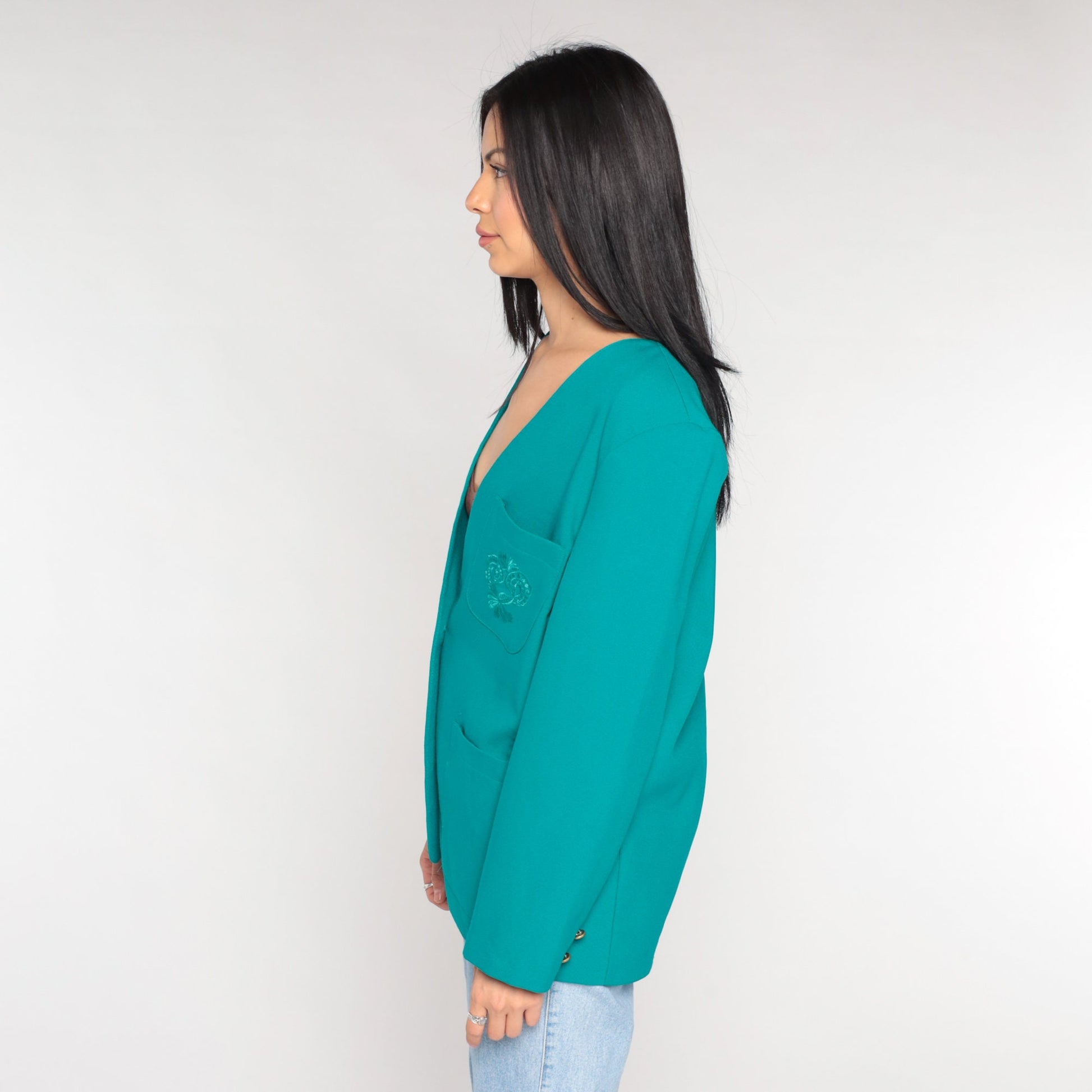 80s Teal Blazer Floral Embroidered Button-Up Jacket V-Neck Medium