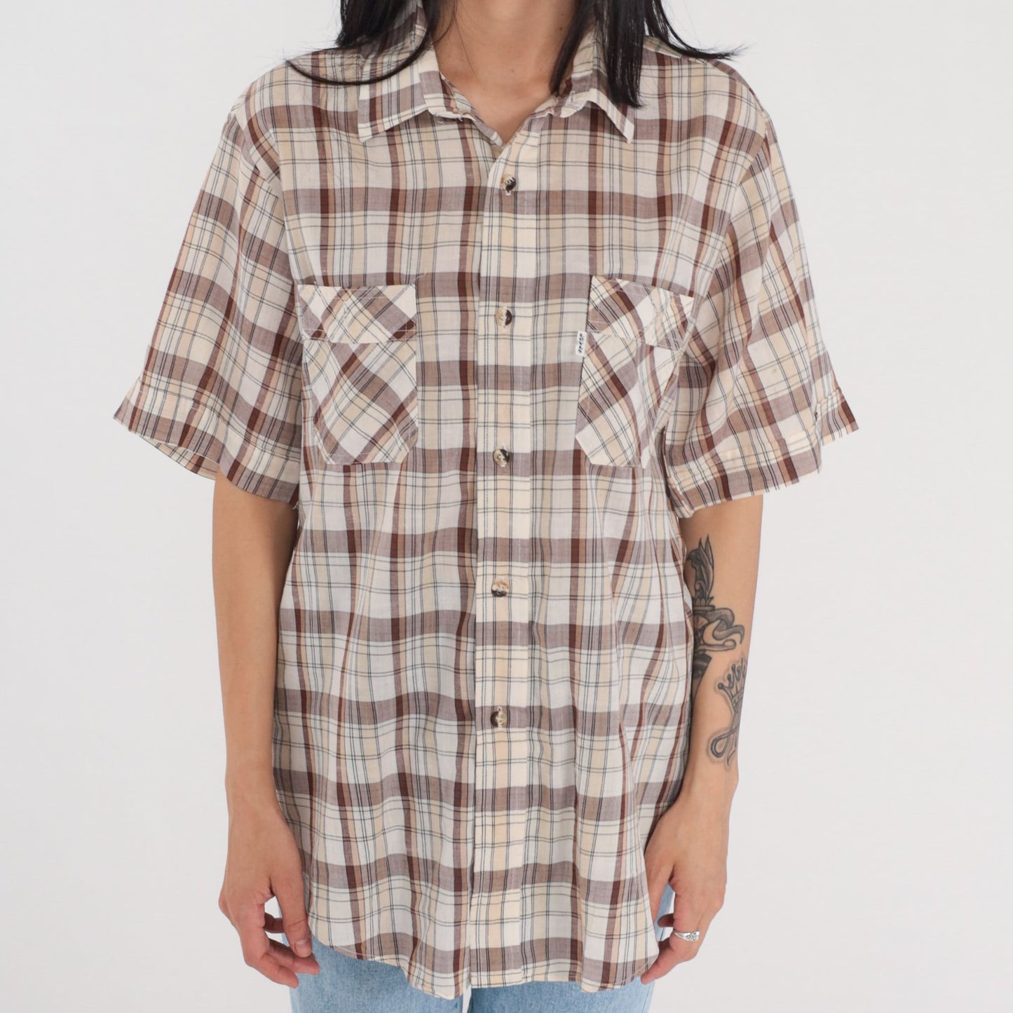 90s Levi's Plaid Button-Up Shirt Brown White Checkered Short Sleeve Men's Large