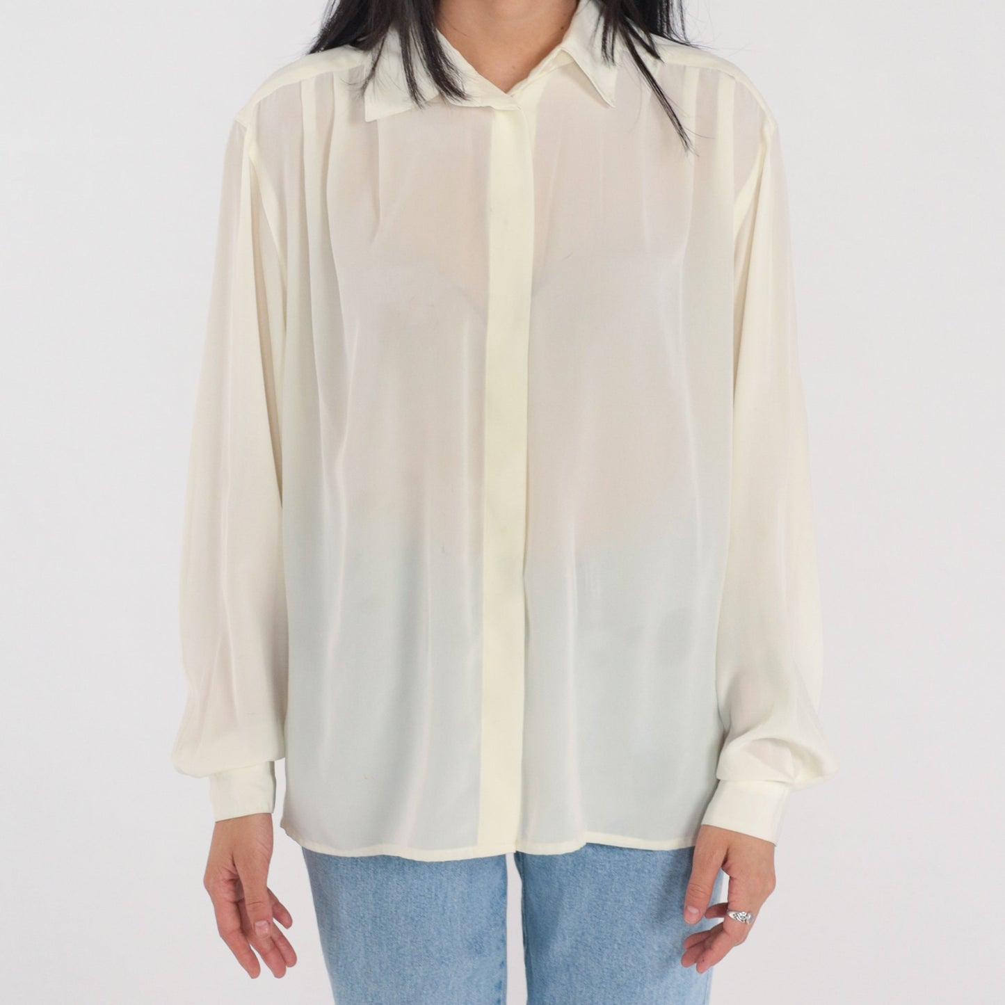 90s Evan Picone Cream Pleated Button-Up Blouse Collared Long Sleeve Large